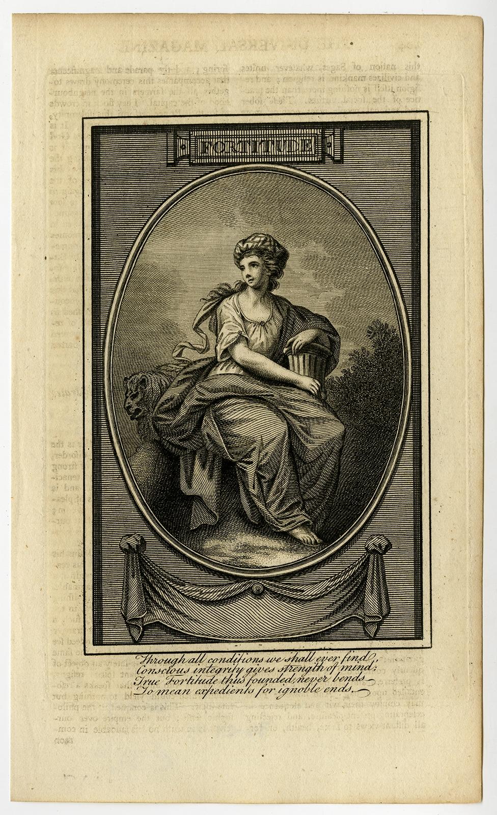 Antique print, titled: 'Fortitude.' - Personification of Fortitude as a modestly dressed seated female figure. A lion in the background. From 'The Universal Magazine of Knowledge and Pleasure'. This periodical was published between 1747 and 1814,