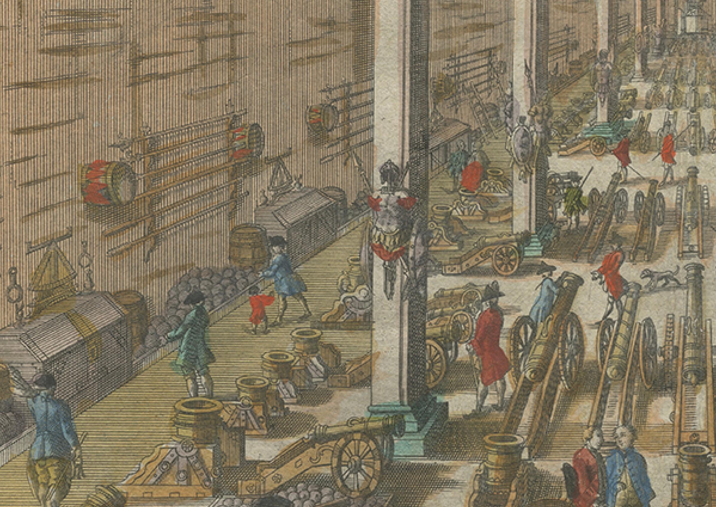 Engraved Perspective View of a Cannon Foundry – 18th-Century Hand-Colored Optical Print For Sale