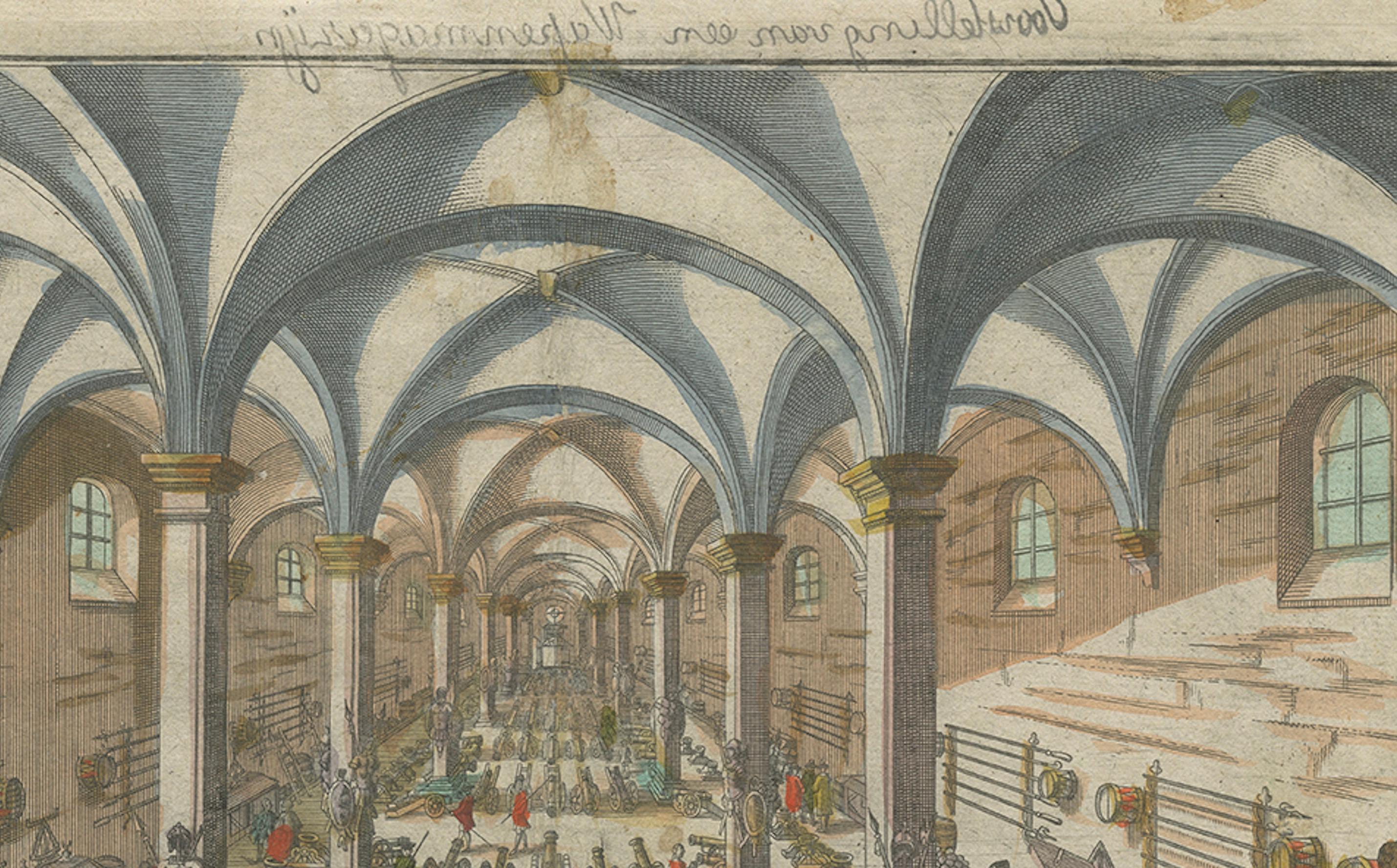 Perspective View of a Cannon Foundry – 18th-Century Hand-Colored Optical Print In Fair Condition For Sale In Langweer, NL