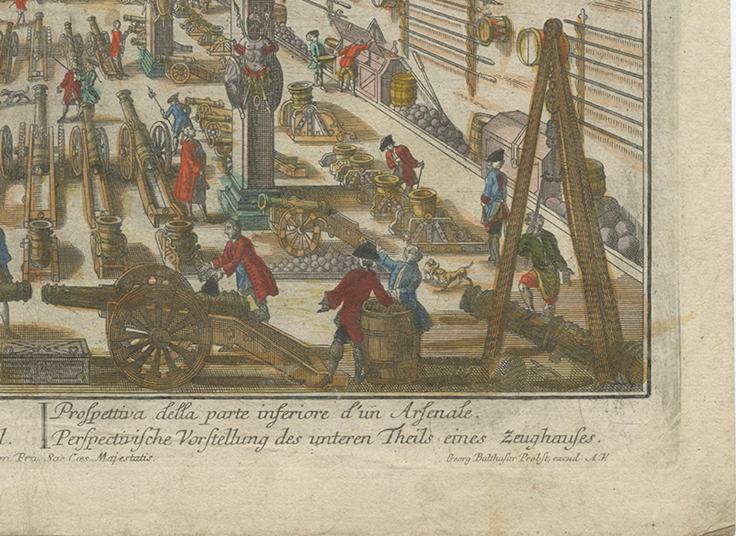 Mid-18th Century Perspective View of a Cannon Foundry – 18th-Century Hand-Colored Optical Print For Sale