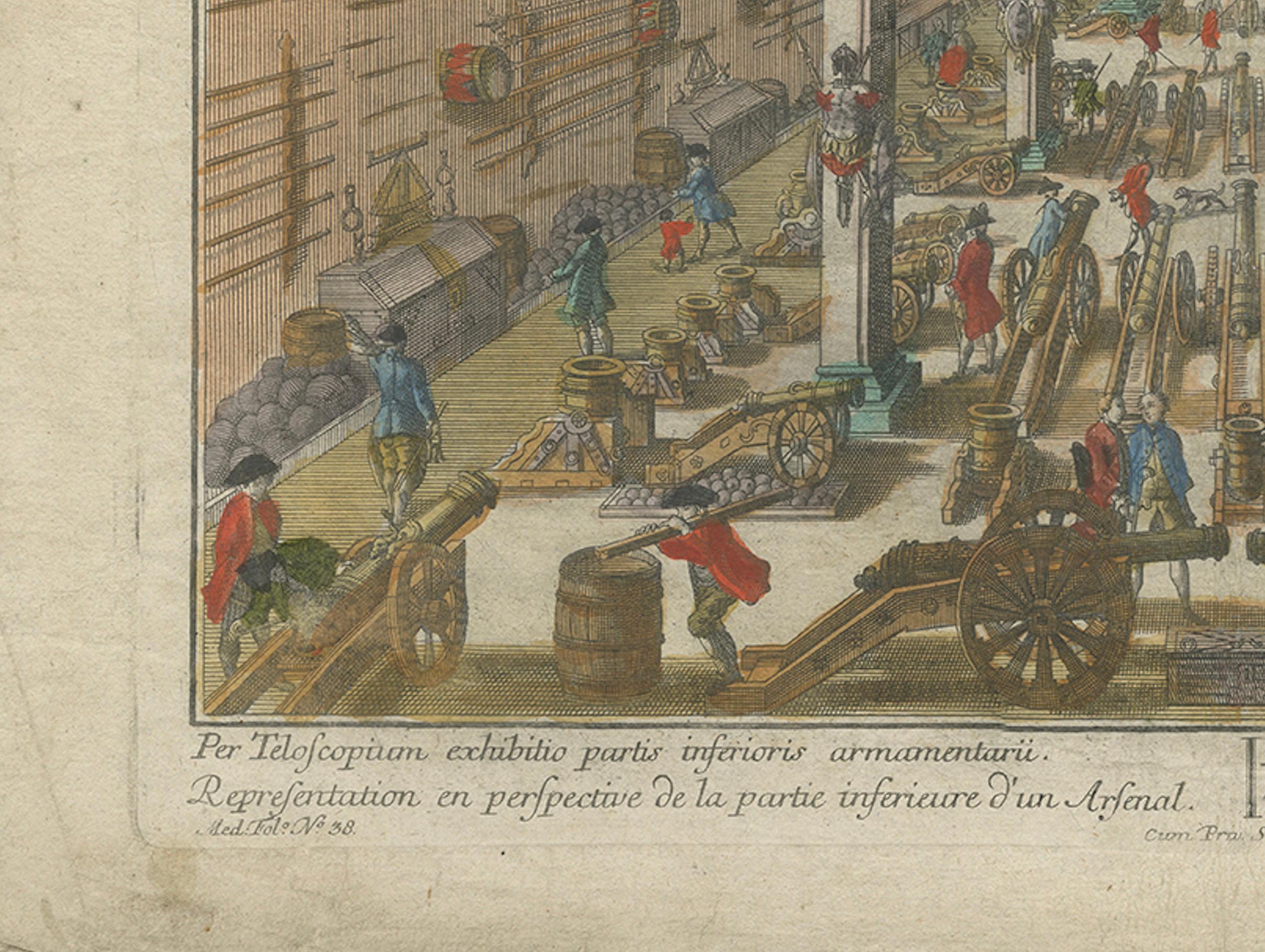 Paper Perspective View of a Cannon Foundry – 18th-Century Hand-Colored Optical Print For Sale