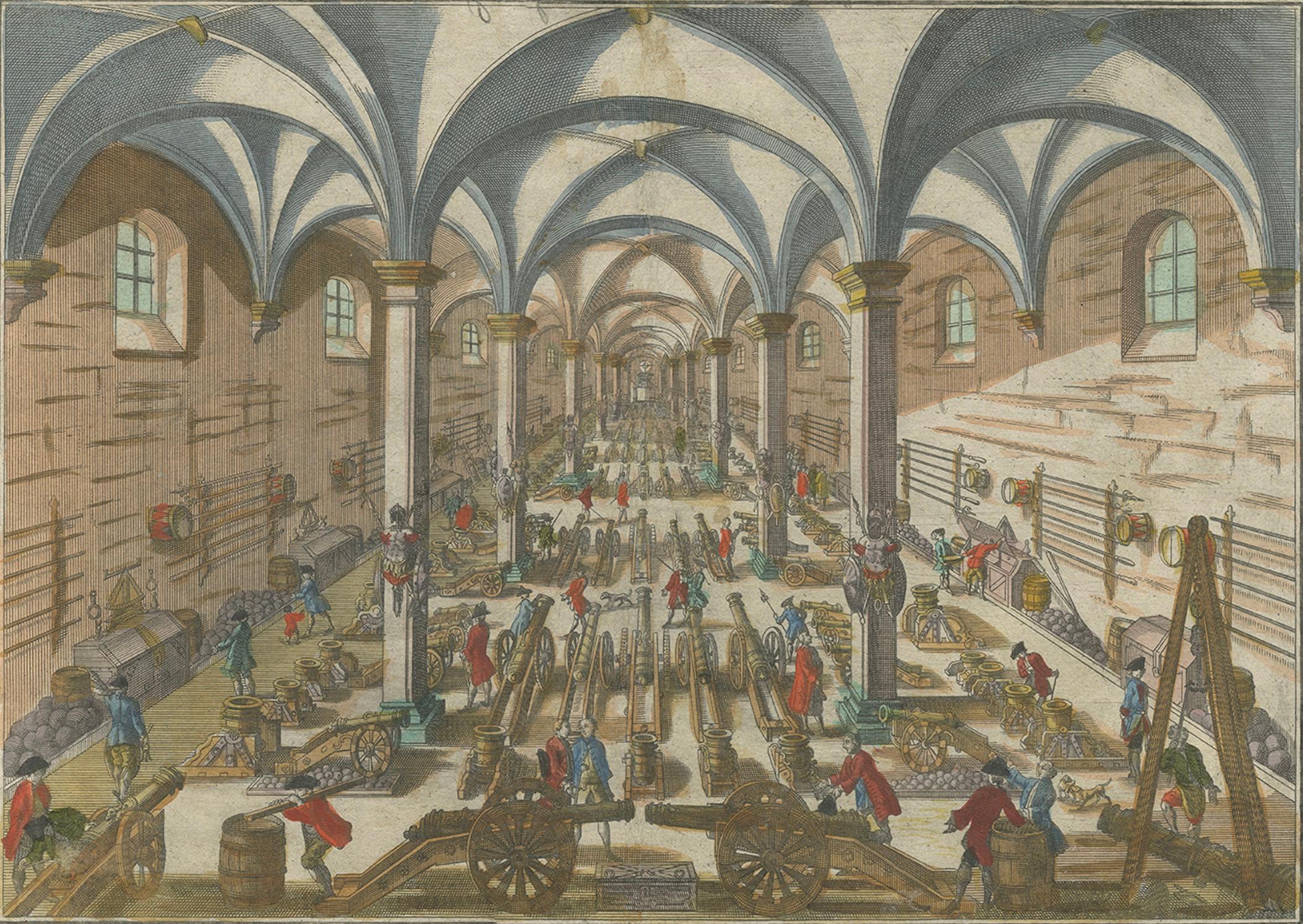 Perspective View of a Cannon Foundry – 18th-Century Hand-Colored Optical Print For Sale 1