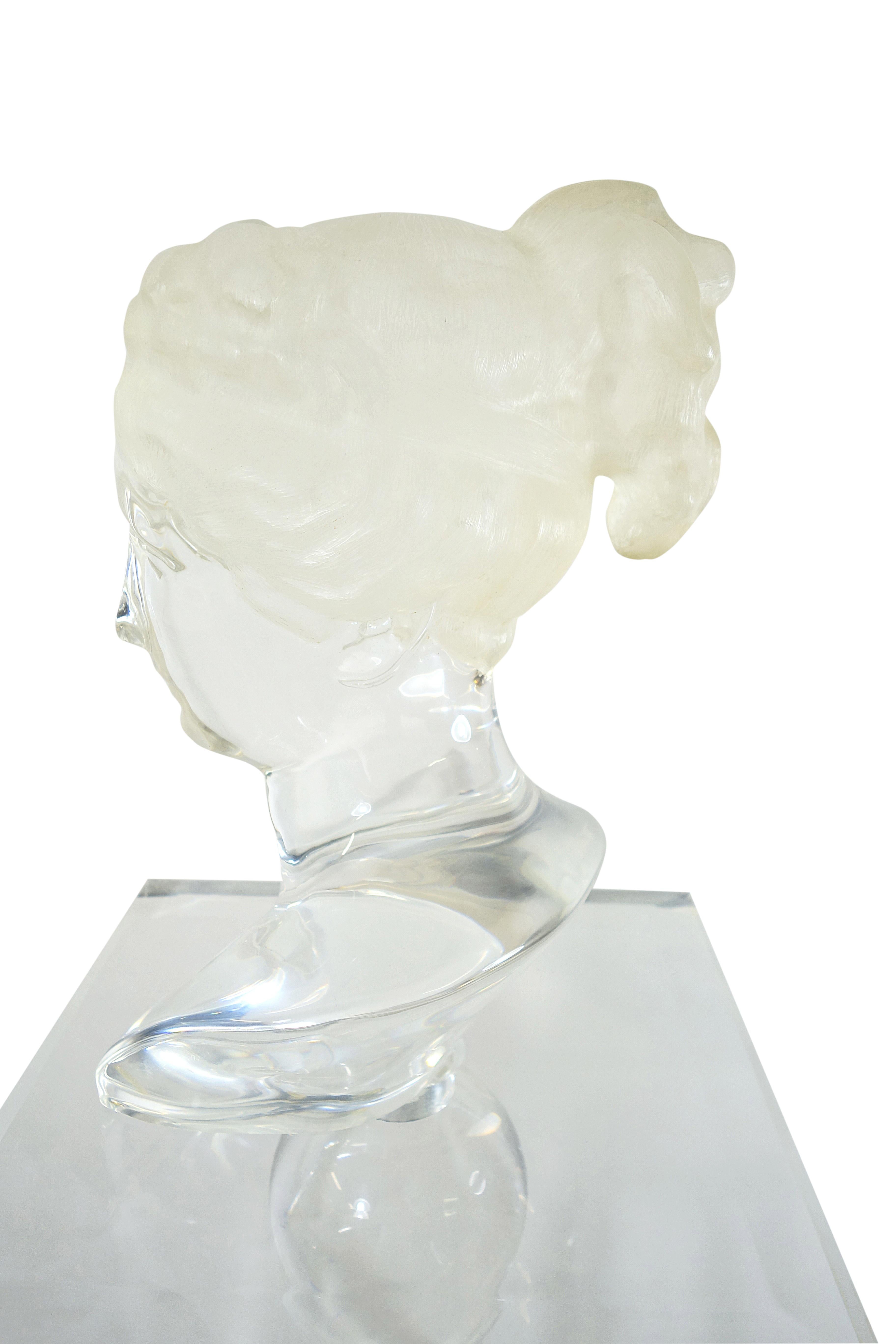 Mid-Century Modern Perspex Bust of Woman on Console Also Made of Plexiglass Signed C.P.K. 3/160 For Sale