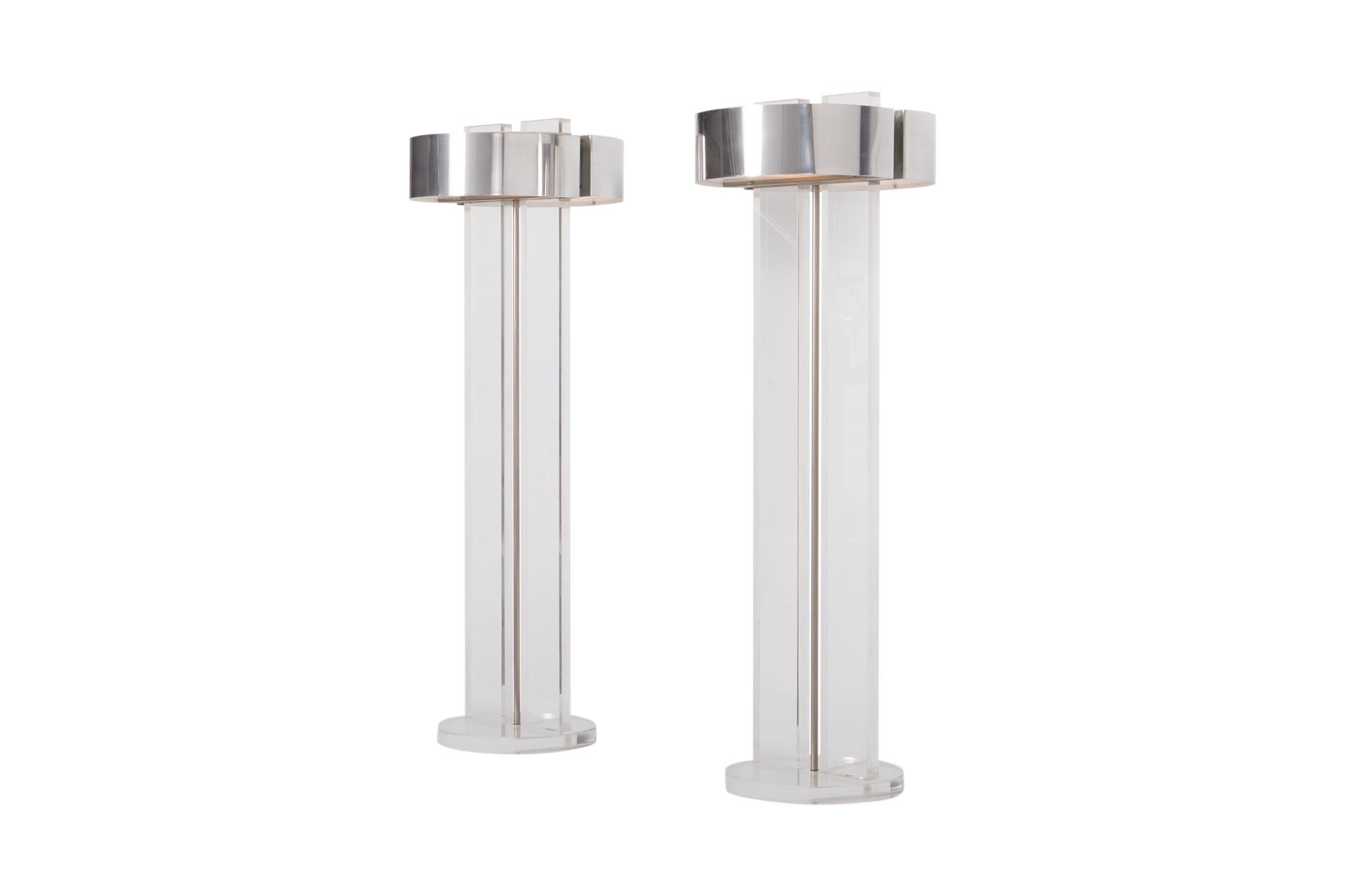French Perspex Postmodern floor lamps with Chrome Shade, Set of Two