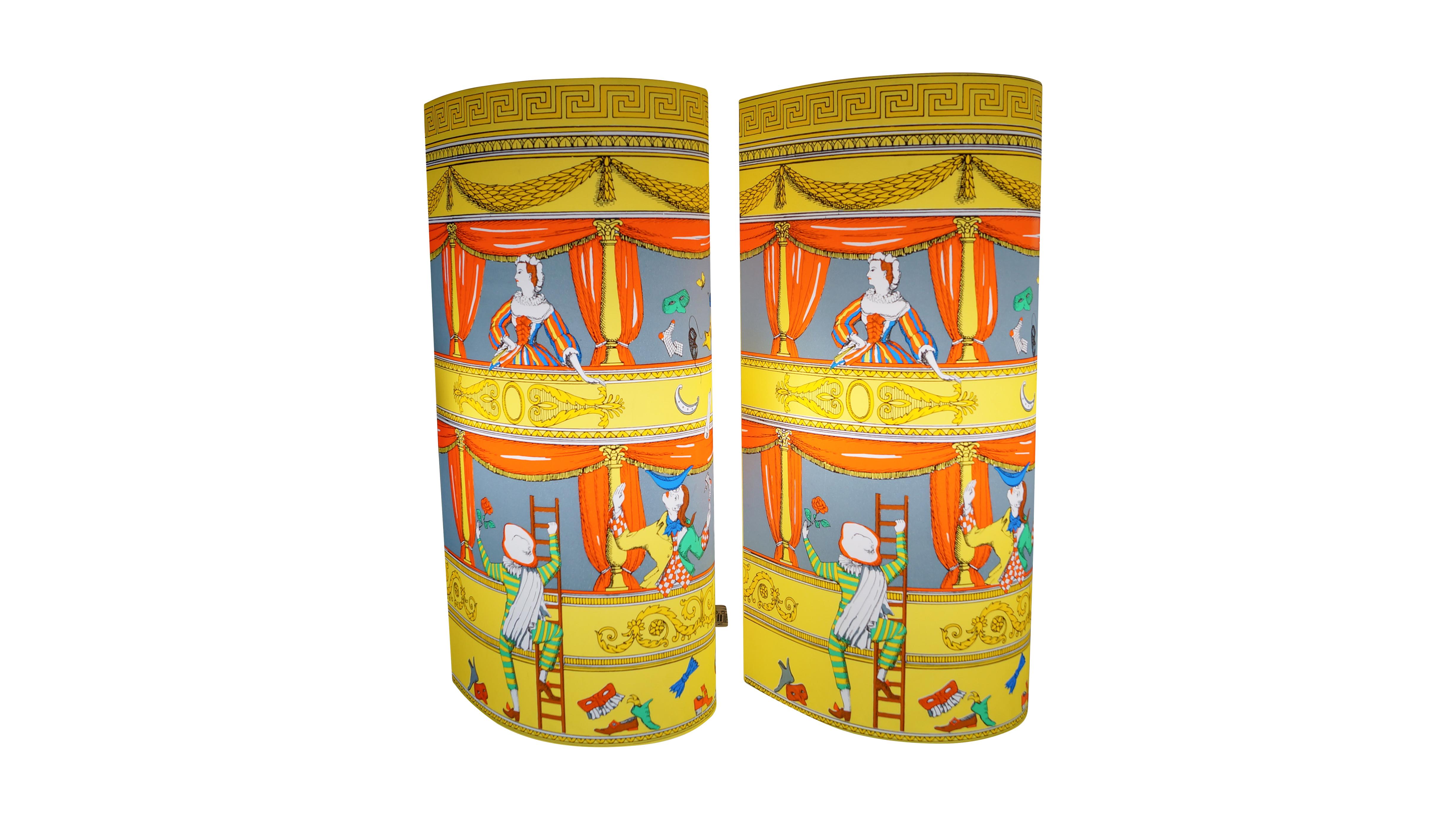 Beautiful and colored pair of table lamps by Barnaba Fornasetti “Commedia Italiano Media”
Printed and colored Perspex
Made by Fornasetti and Antonangeli Iluminazione. Paderno Dugano.
Italy, period 1995
Measures: H 33 cm x W 12 cm x D 16 cm.