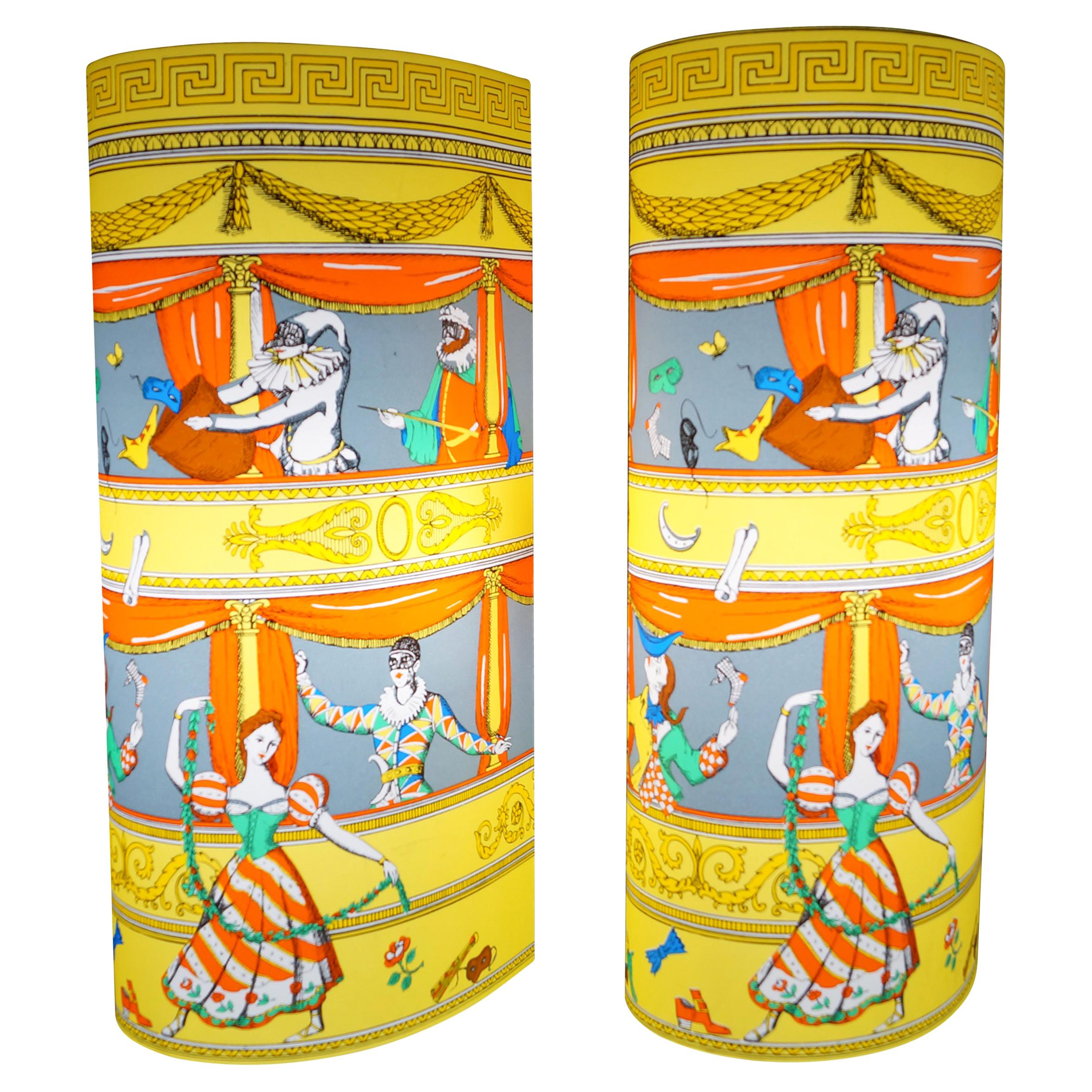 Perspex Table Lamps Pair by Barnaba Fornasetti "Commedia Italiano Media", 1995 For Sale