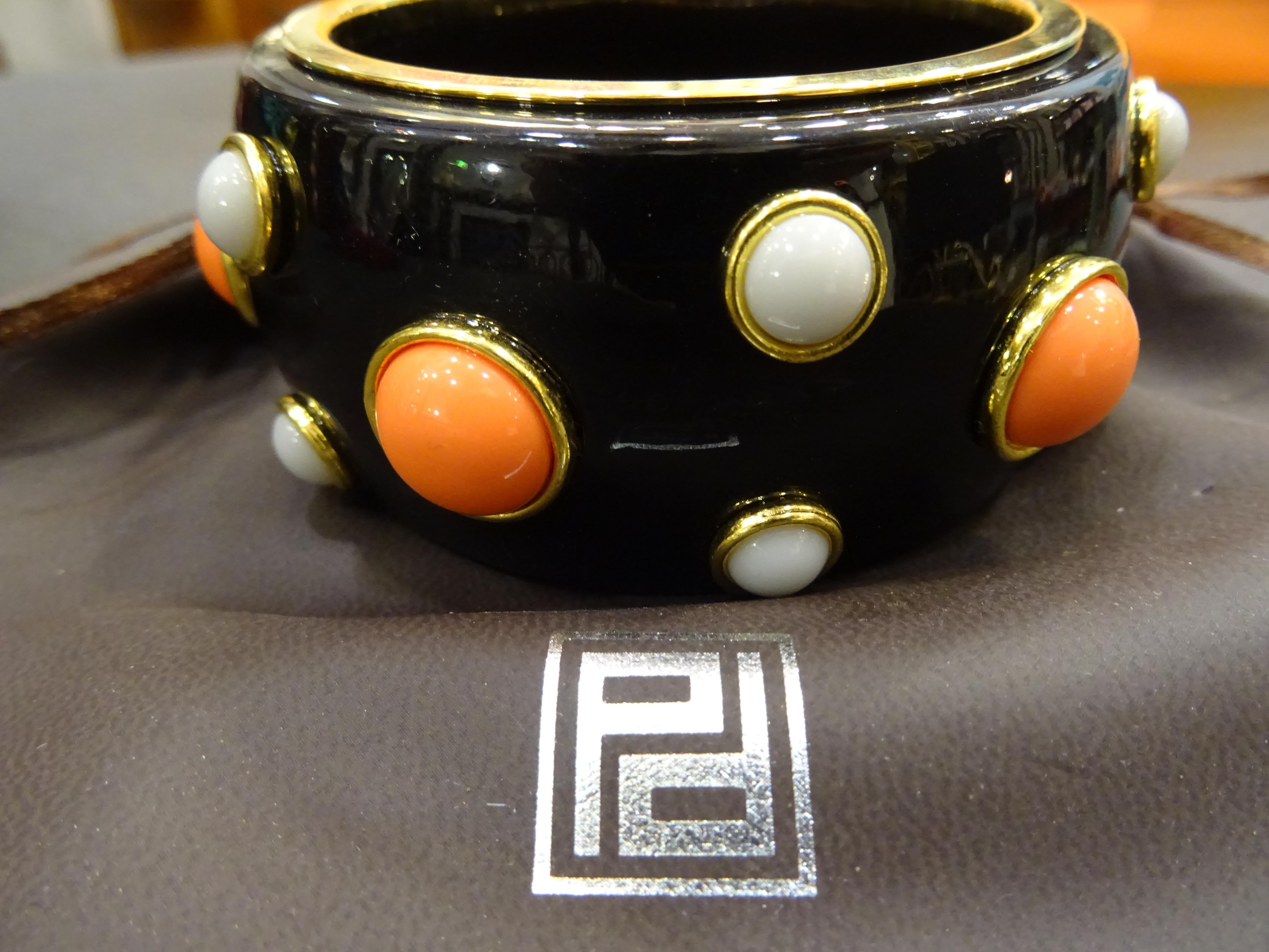 Pertegaz Vintage Black Bakelite Bracelet with Faux White and Orange Stones 2