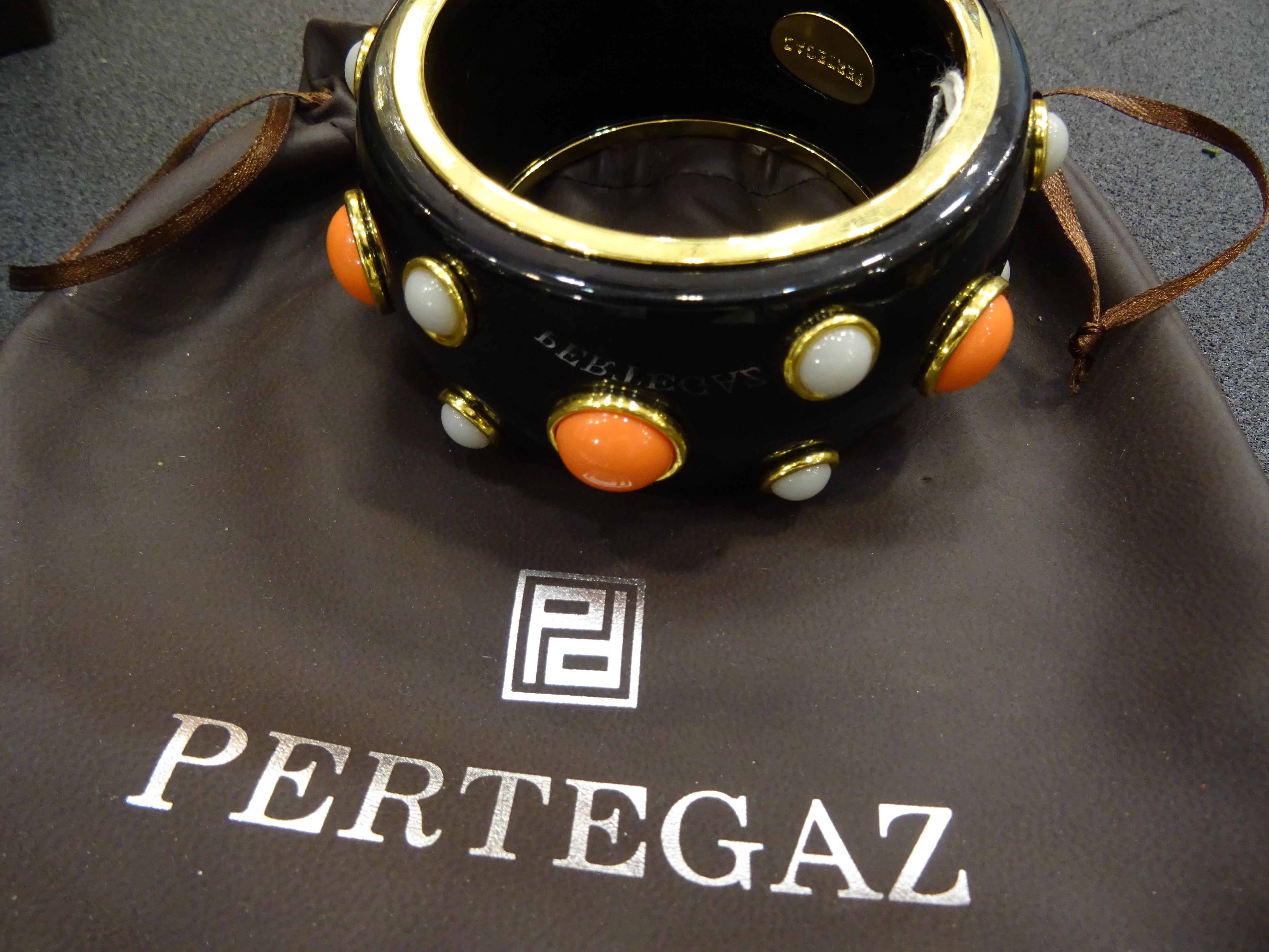 Pertegaz Vintage Black Bakelite Bracelet with Faux White and Orange Stones 3