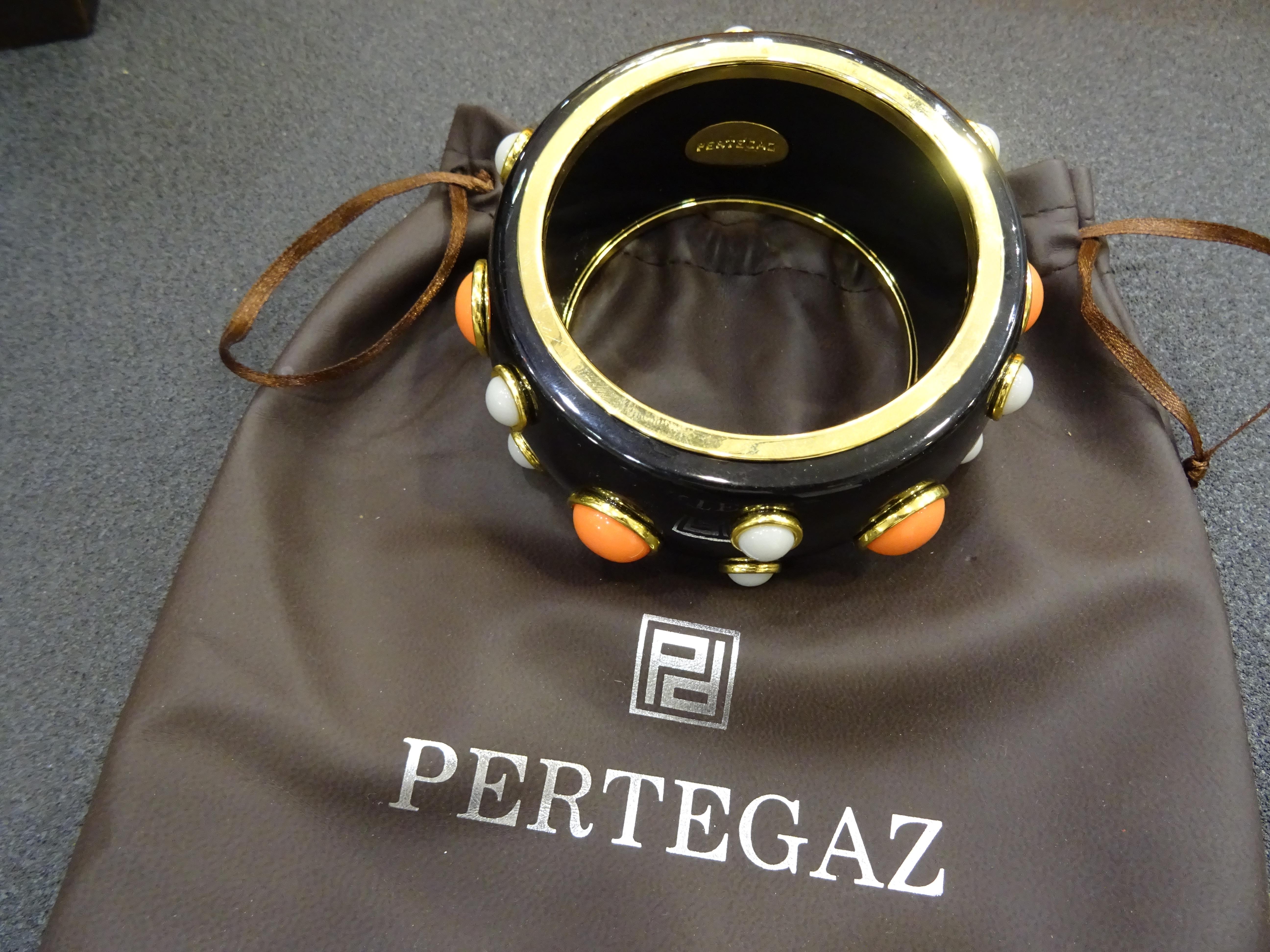 Pertegaz Vintage Black Bakelite Bracelet with Faux White and Orange Stones 4