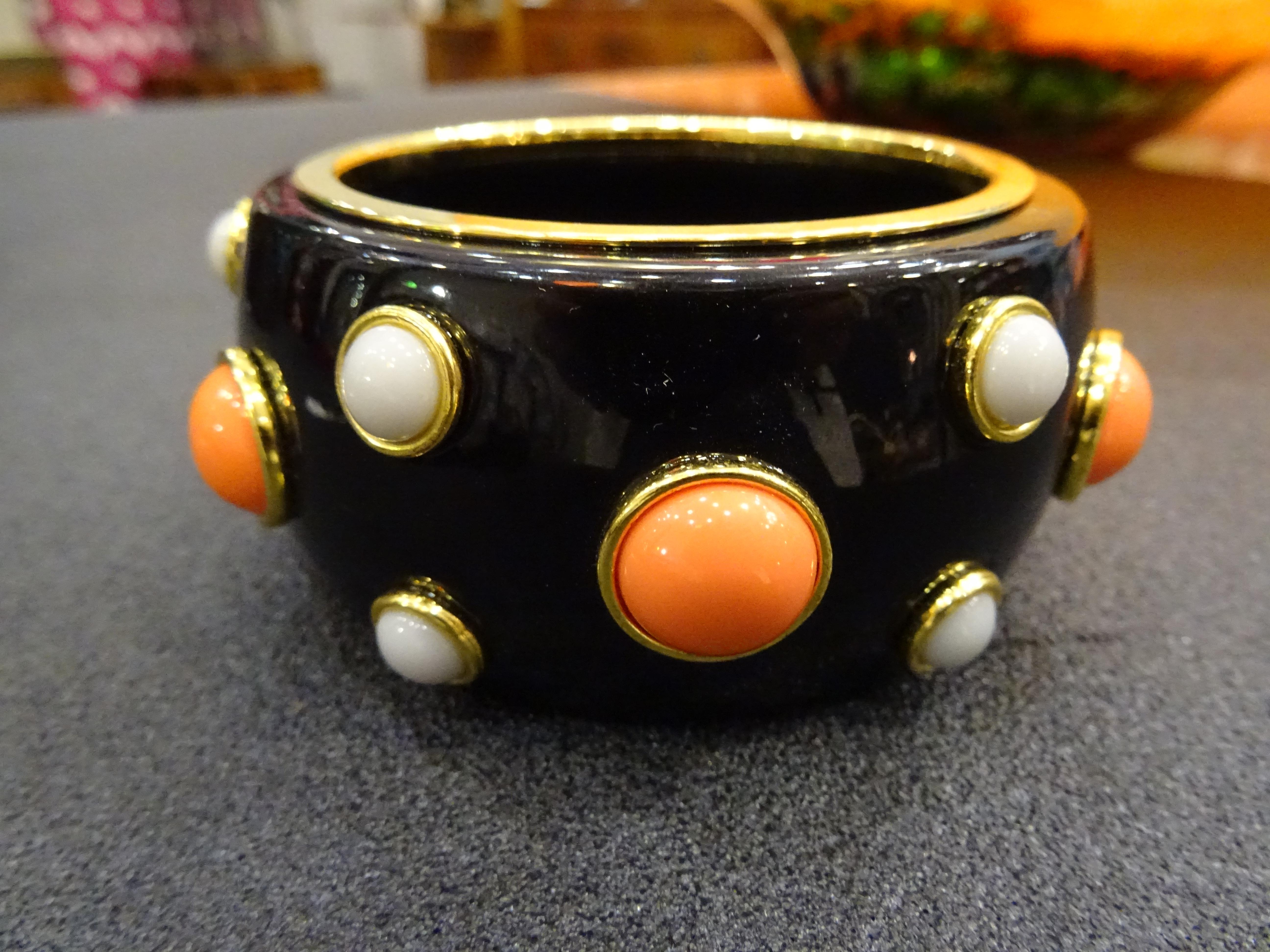 Pertegaz Vintage Black Bakelite Bracelet with Faux White and Orange Stones 5