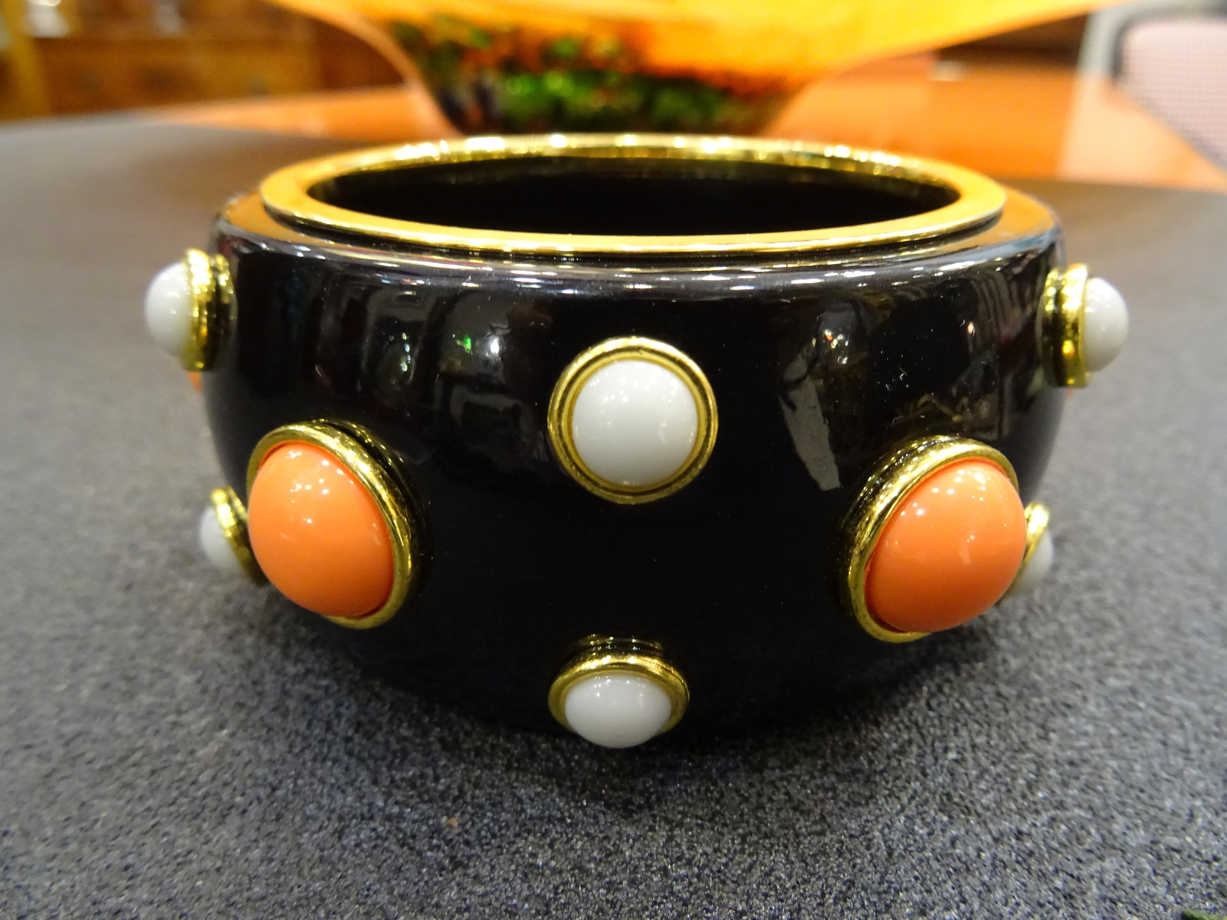 Mid-20th Century Pertegaz Vintage Black Bakelite Bracelet with Faux White and Orange Stones