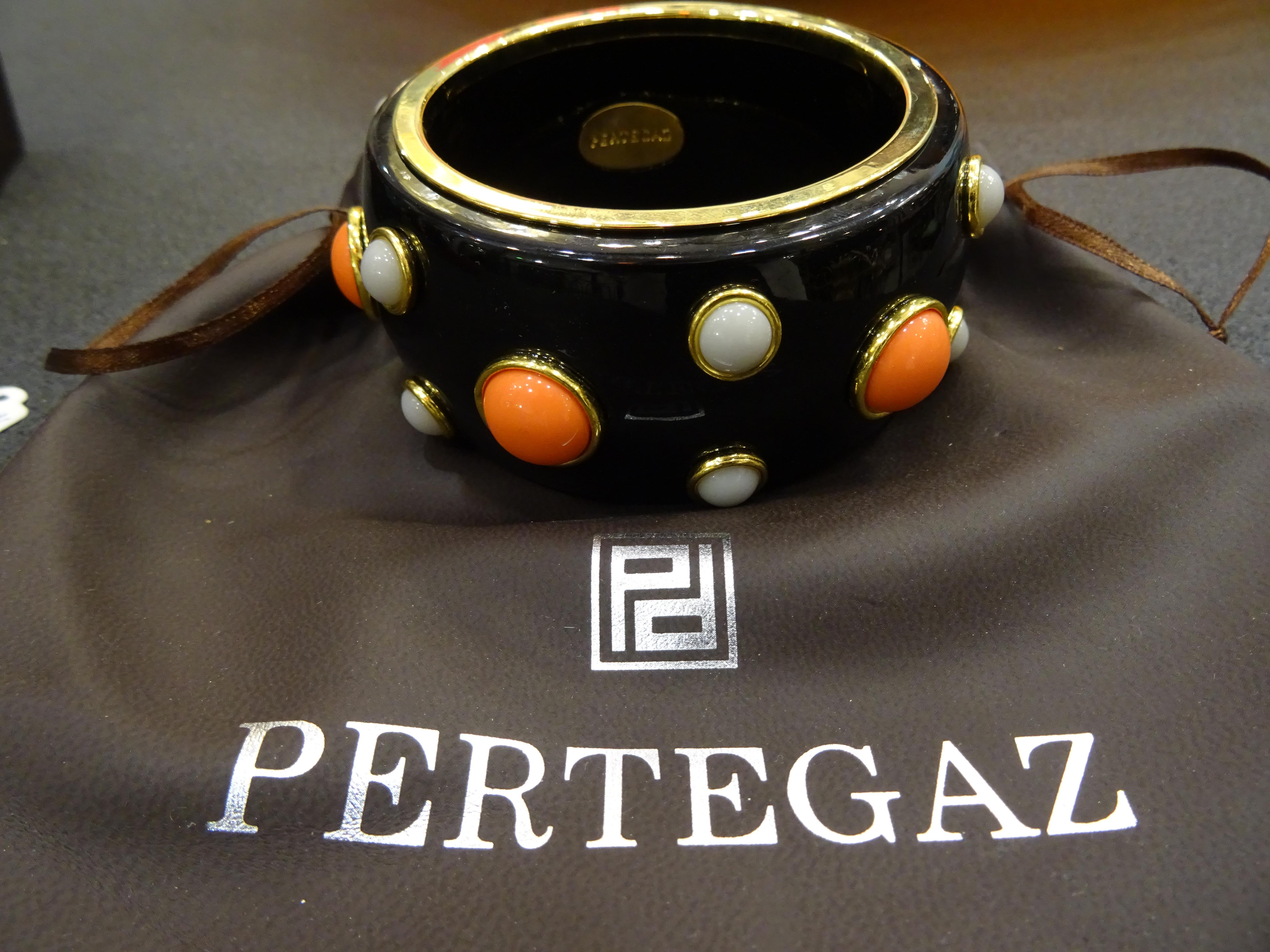 Paste Pertegaz Vintage Black Bakelite Bracelet with Faux White and Orange Stones