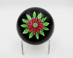 1983 Perthshire Paperweight with Red Lampwork Flower and Green Leaves