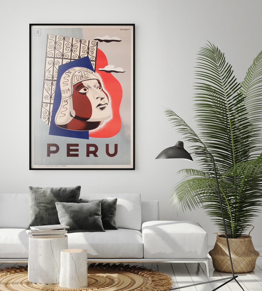 Poster pubblicitario vintage originale del Perù, anni '50 circa, con un fantastico disegno di Sabino Springett. 

Questo poster cinematografico d'epoca misura 24 1/4 x 39 1/4 pollici (più un po' di più con il supporto in lino). Verrà inviato