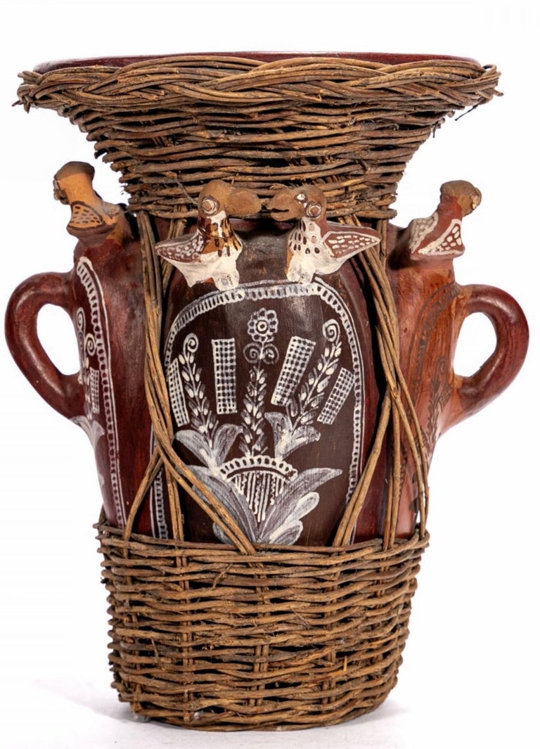 Peru Folk Art Pottery Clay Wicker Zoomorphic Bird Quinua Harvest 