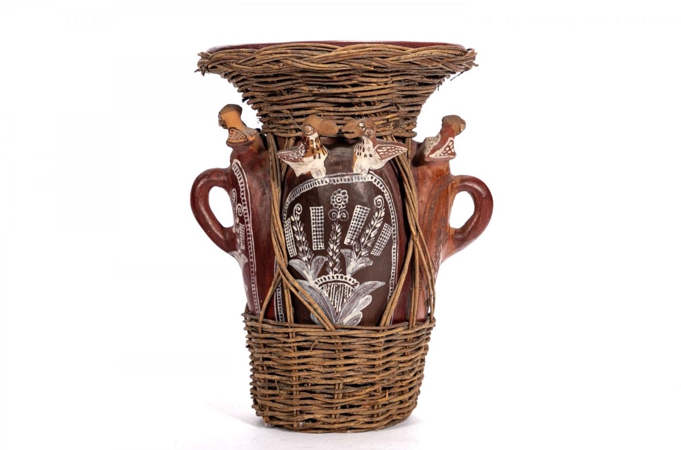 Peru Volkskunst Keramik Ton Korbweide Zoomorpher Vogel Quinua Ernte Vase Skulptur im Zustand „Gut“ im Angebot in Forney, TX