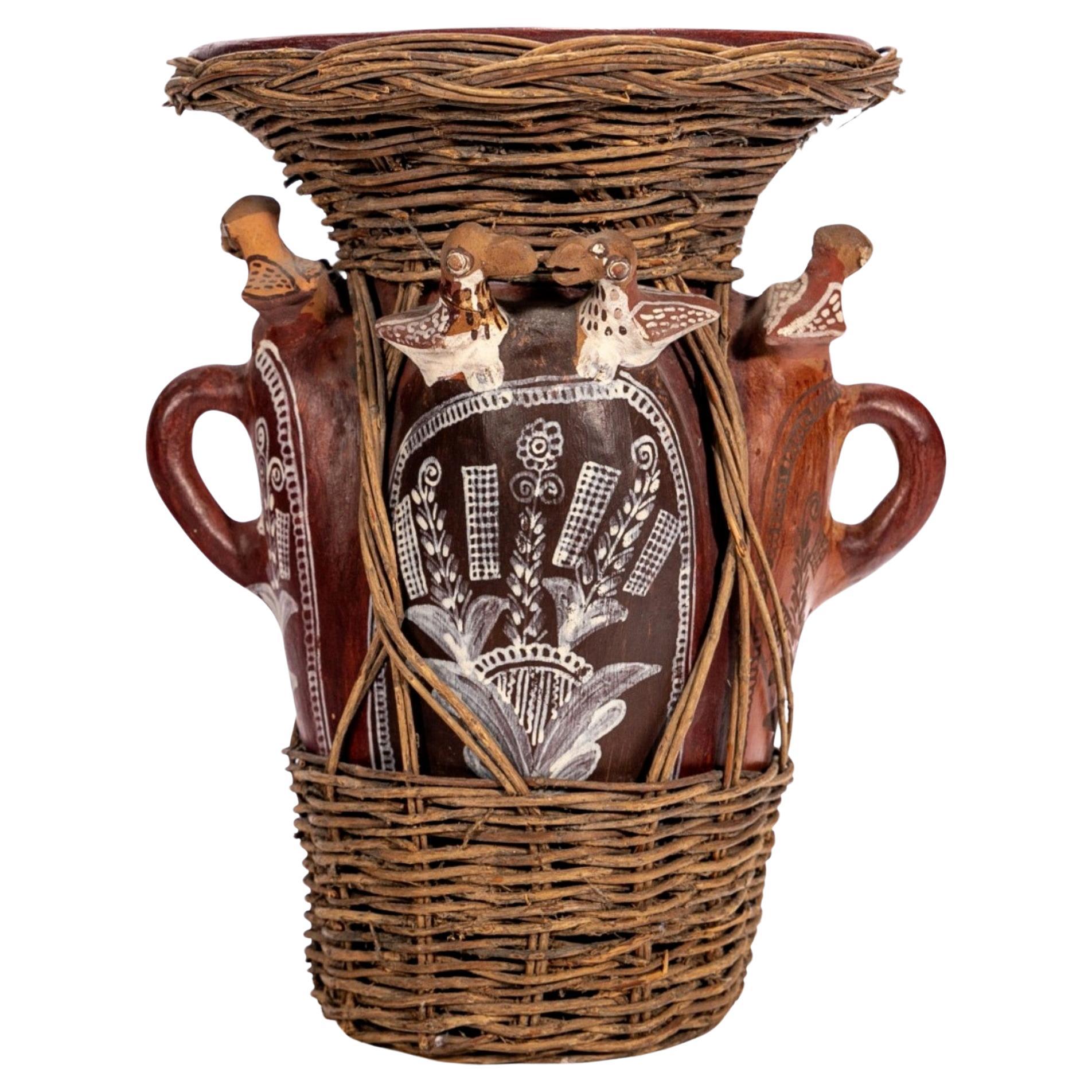 Peru Volkskunst Keramik Ton Korbweide Zoomorpher Vogel Quinua Ernte Vase Skulptur