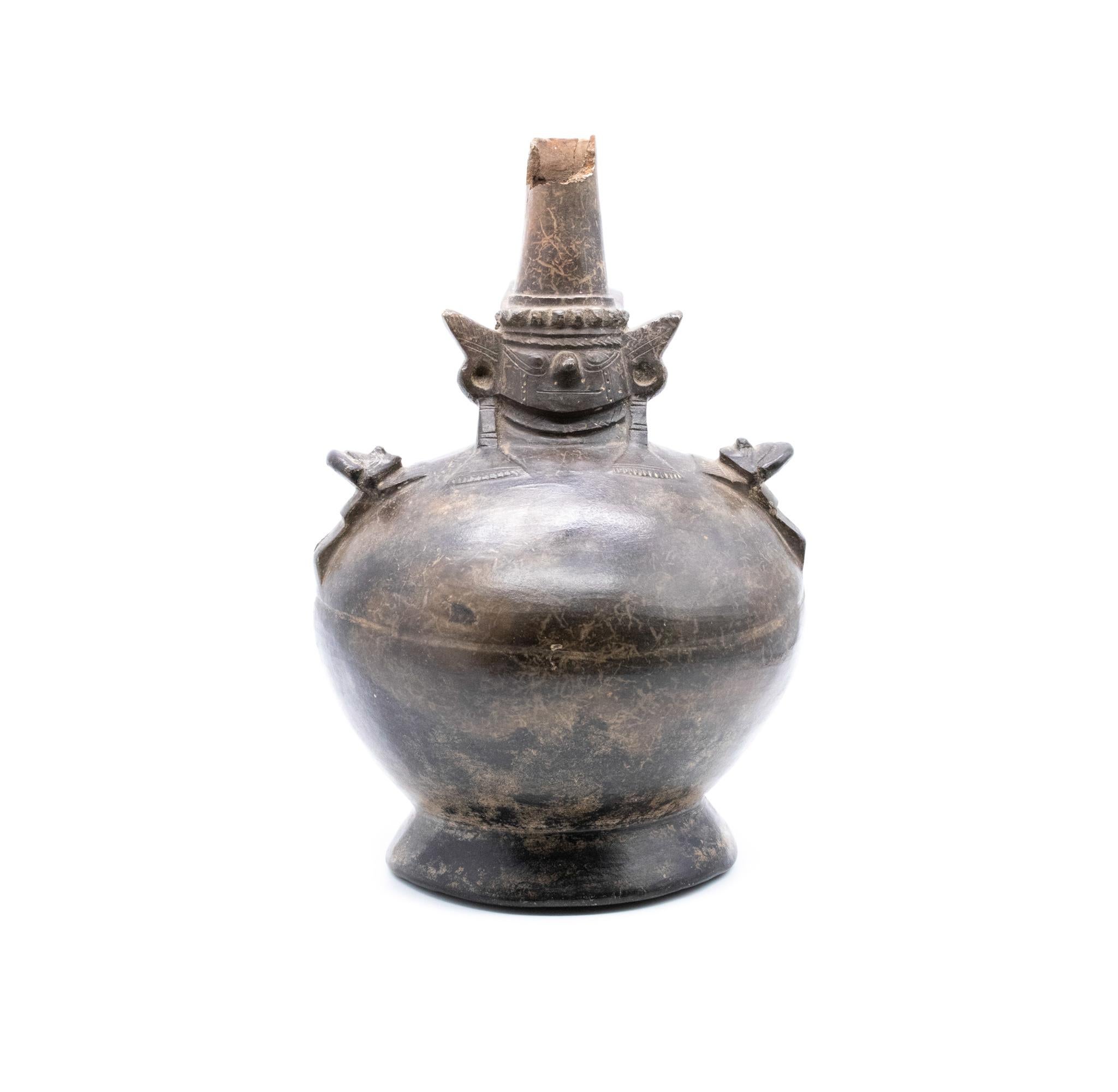 Peruvian Peru Inca 1200 AD Lambayeque Pre-Columbian Blackware Ceramic Vase with Warrior For Sale
