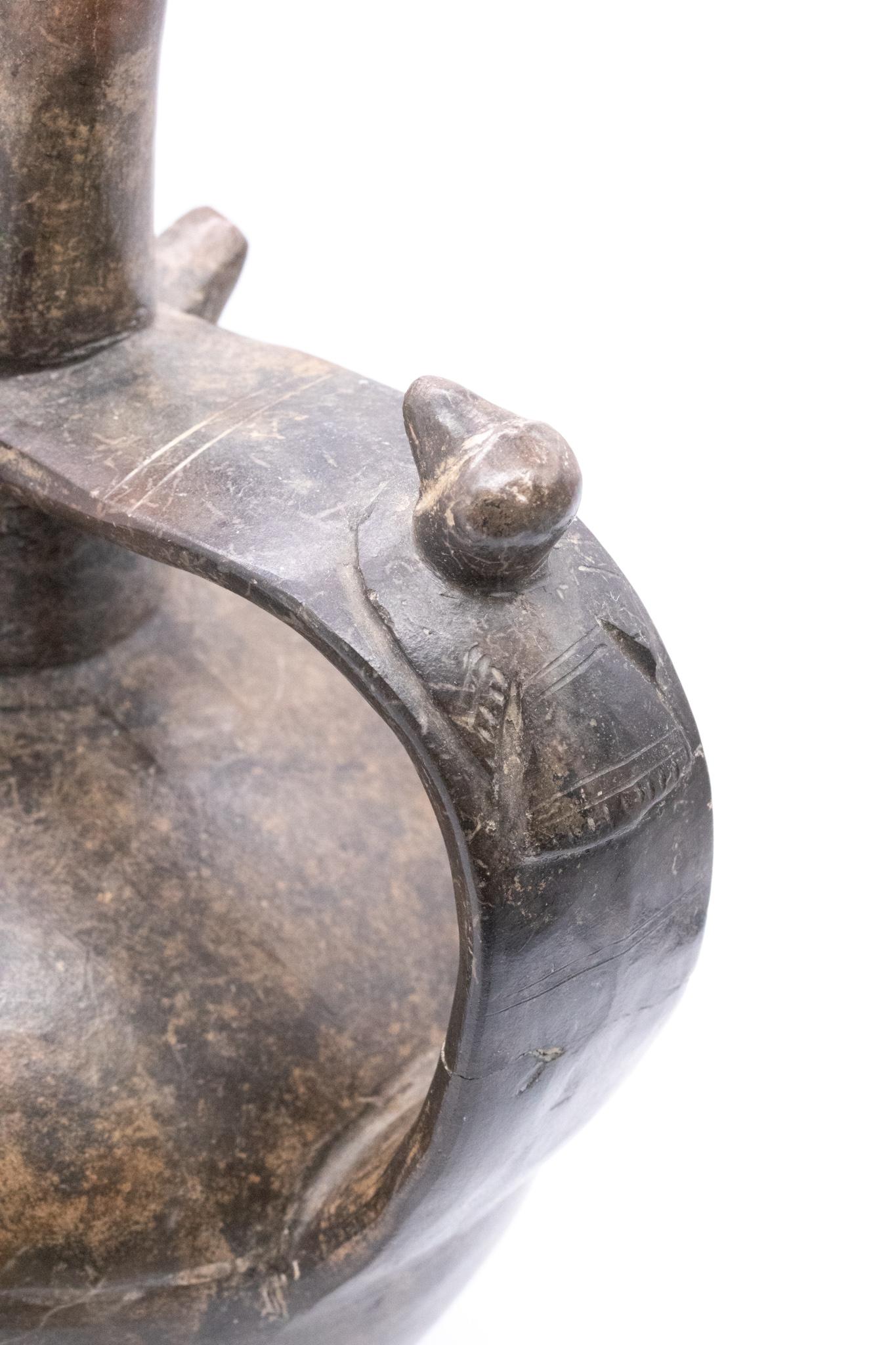 Earthenware Peru Inca 1200 AD Lambayeque Pre-Columbian Blackware Ceramic Vase with Warrior For Sale