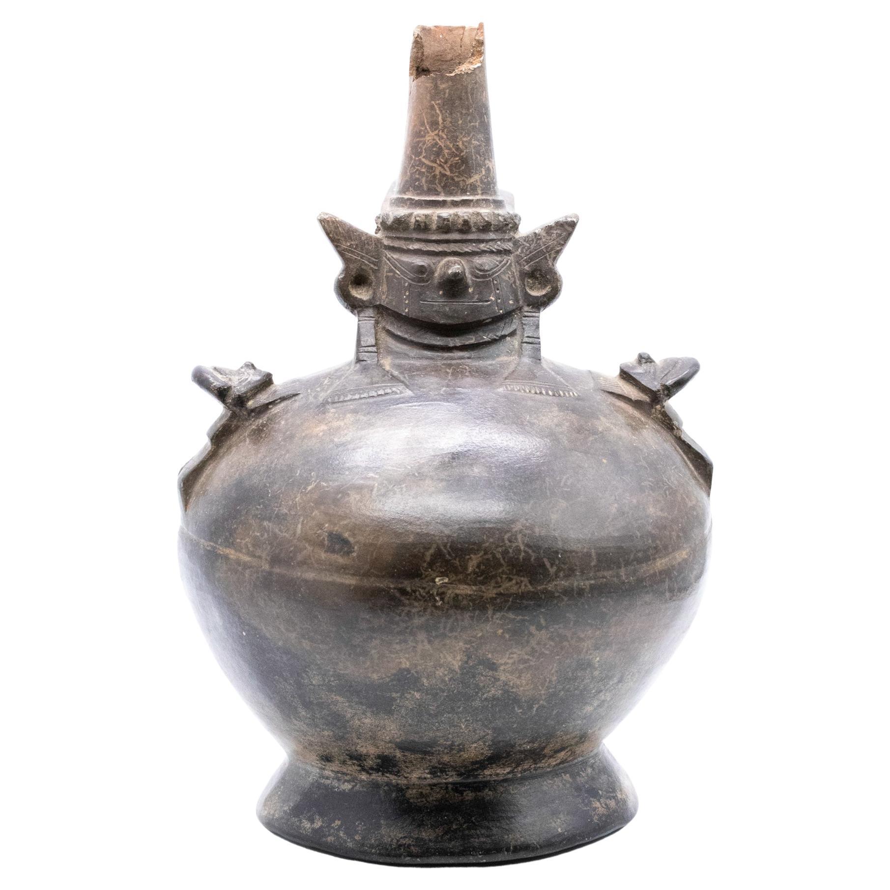 Peru Inca 1200 AD Lambayeque Pre-Columbian Blackware Ceramic Vase with Warrior For Sale