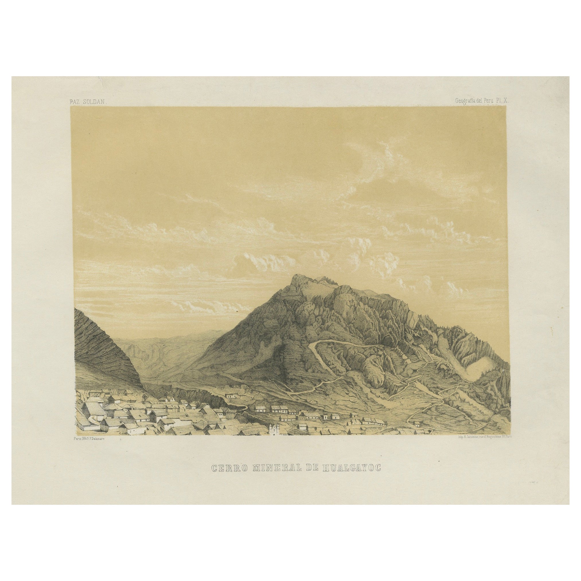 Peru Mining Mountain of Hualgayoc – Antique Lithograph, 1865