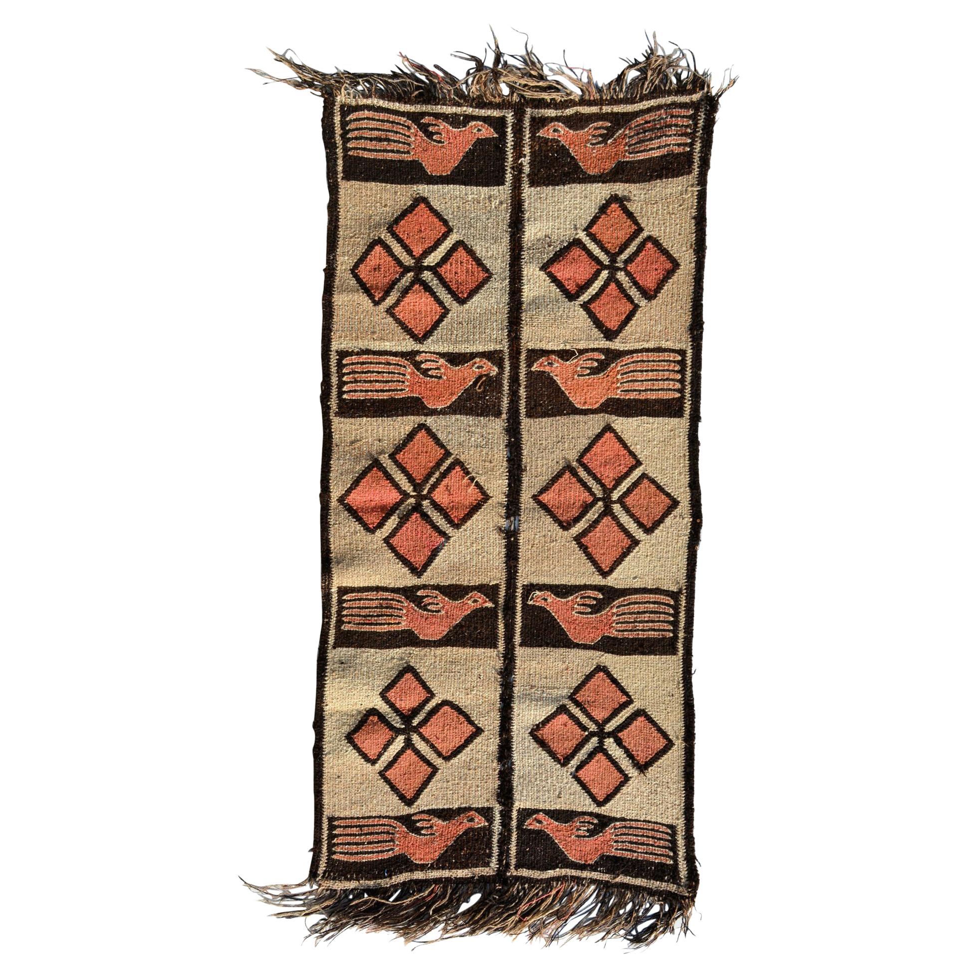 Peru Roadrunner Image Handwoven Warm Wool Tapestry Rug Runner 1940s Vintage