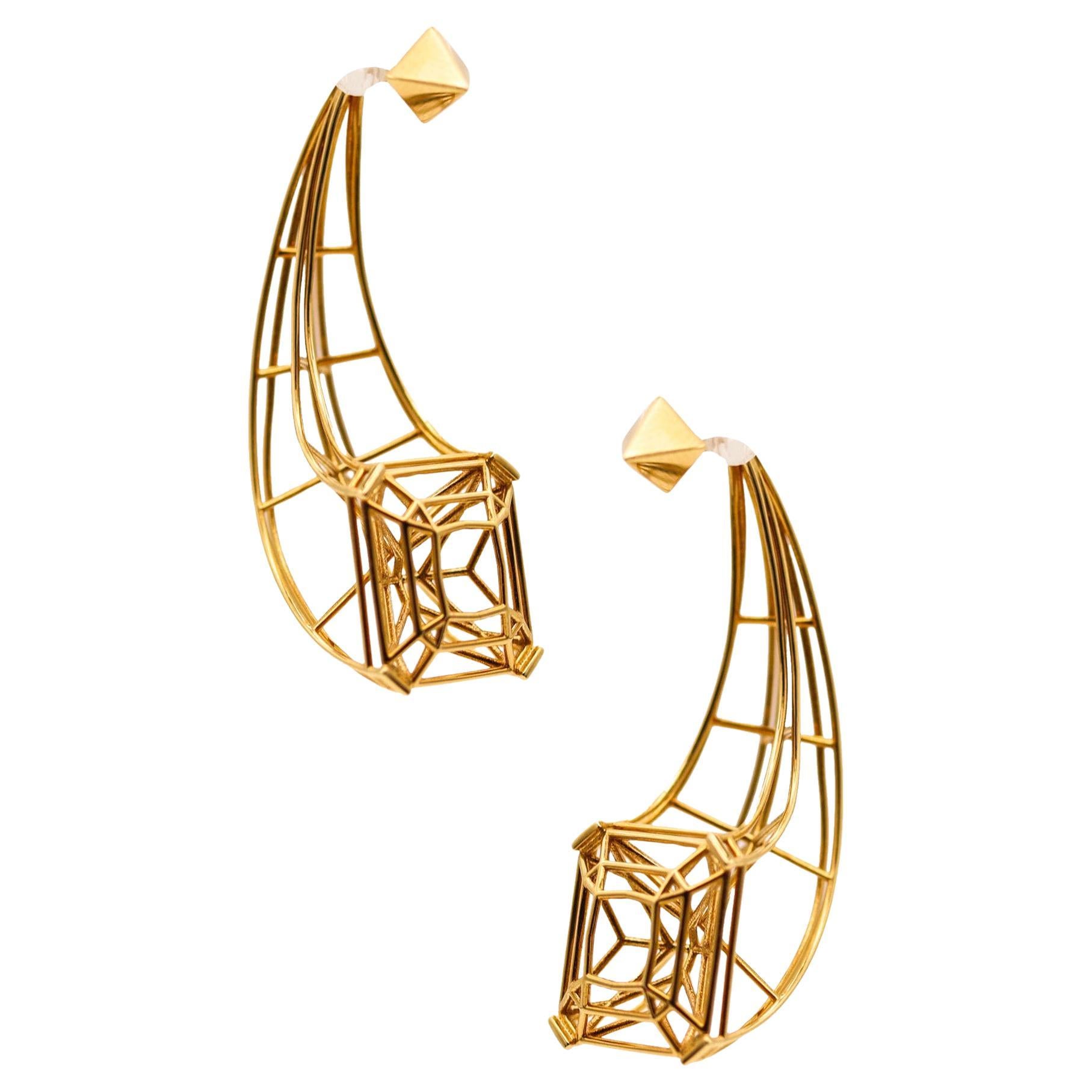 Peruffo Sculptural Geometric Three Dimensional Dangle Earrings 18Kt Yellow Gold For Sale