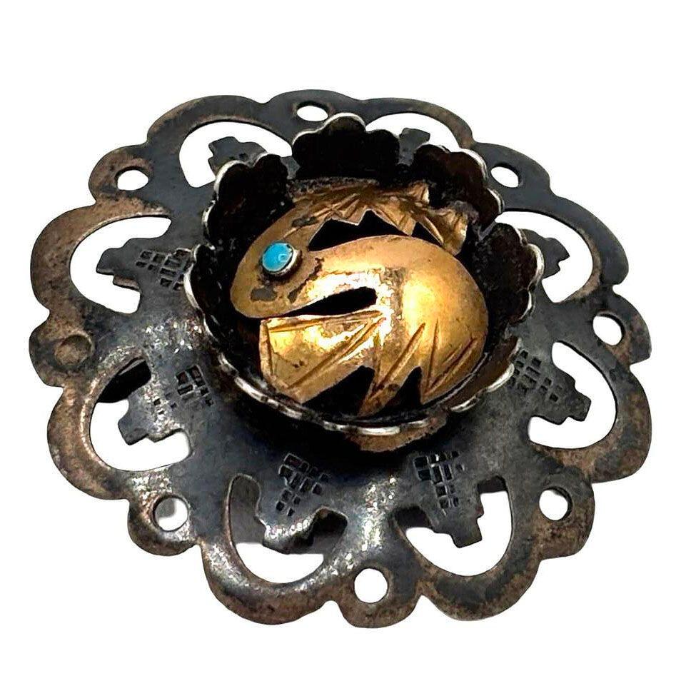 Mid-Century Modern Peruvian 18k Gold & Sterling Sterling Bird Brooch w/ Turquoise Inlaid For Sale