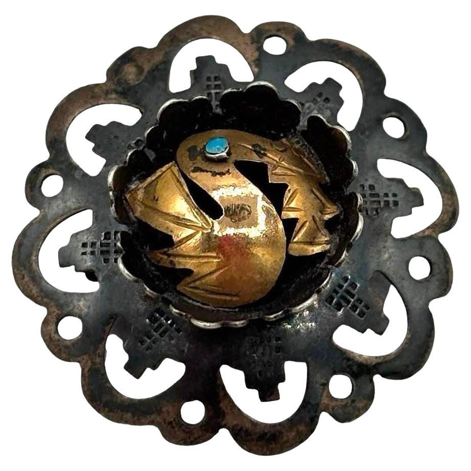 Peruvian 18k Gold & Sterling Sterling Bird Brooch w/ Turquoise Inlaid