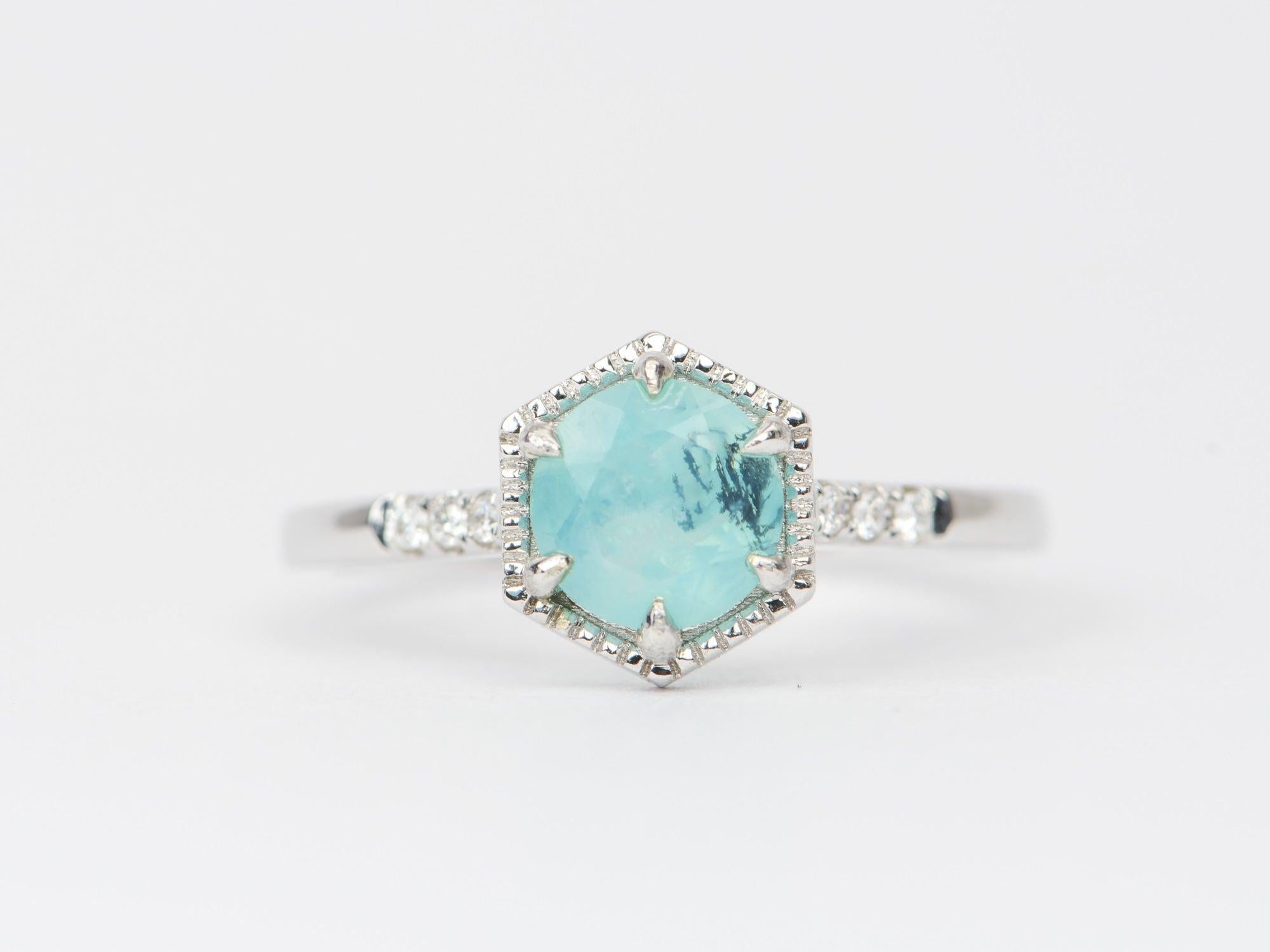 ♥ Peruvian Blue Opal Hexagon Setting 14K White Gold Engagement Ring AD1462-14
♥ Solid 14k white gold ring set with a beautiful round-shaped opal
♥ Gorgeous blue color!
♥ The item measures in length, in width, and stands from the finger

 

♥ US Size