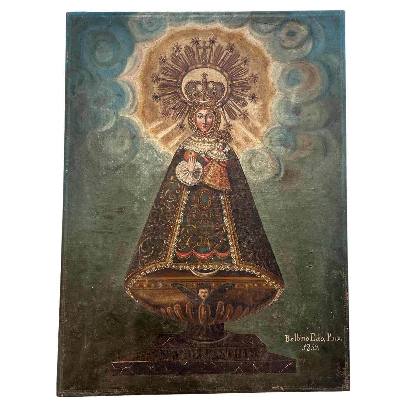 Peinture coloniale péruvienne coloniale Virgin Huile sur toile 19e siècle en vente