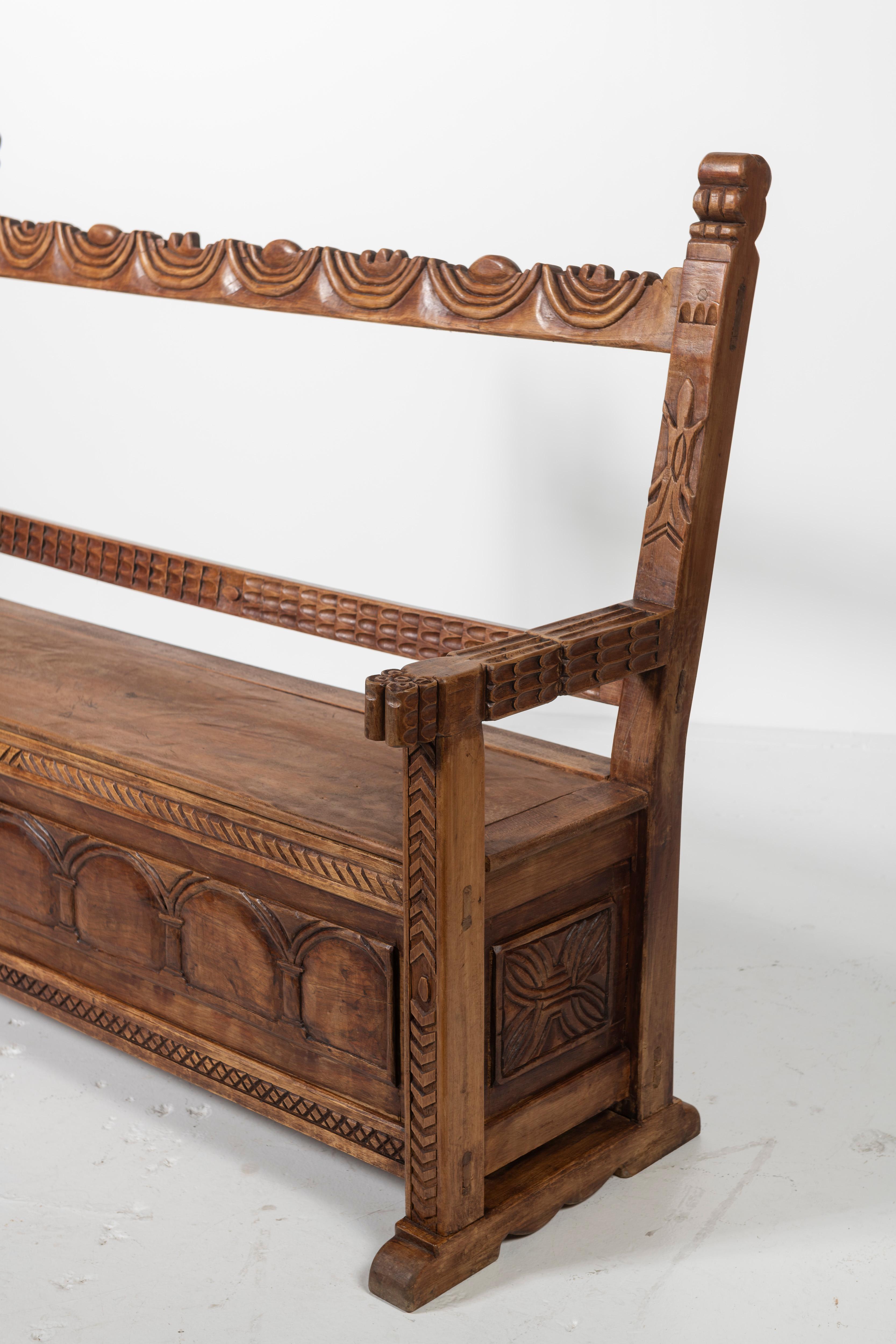 Peruvian Carved Mahogany Bench with Storage For Sale 6