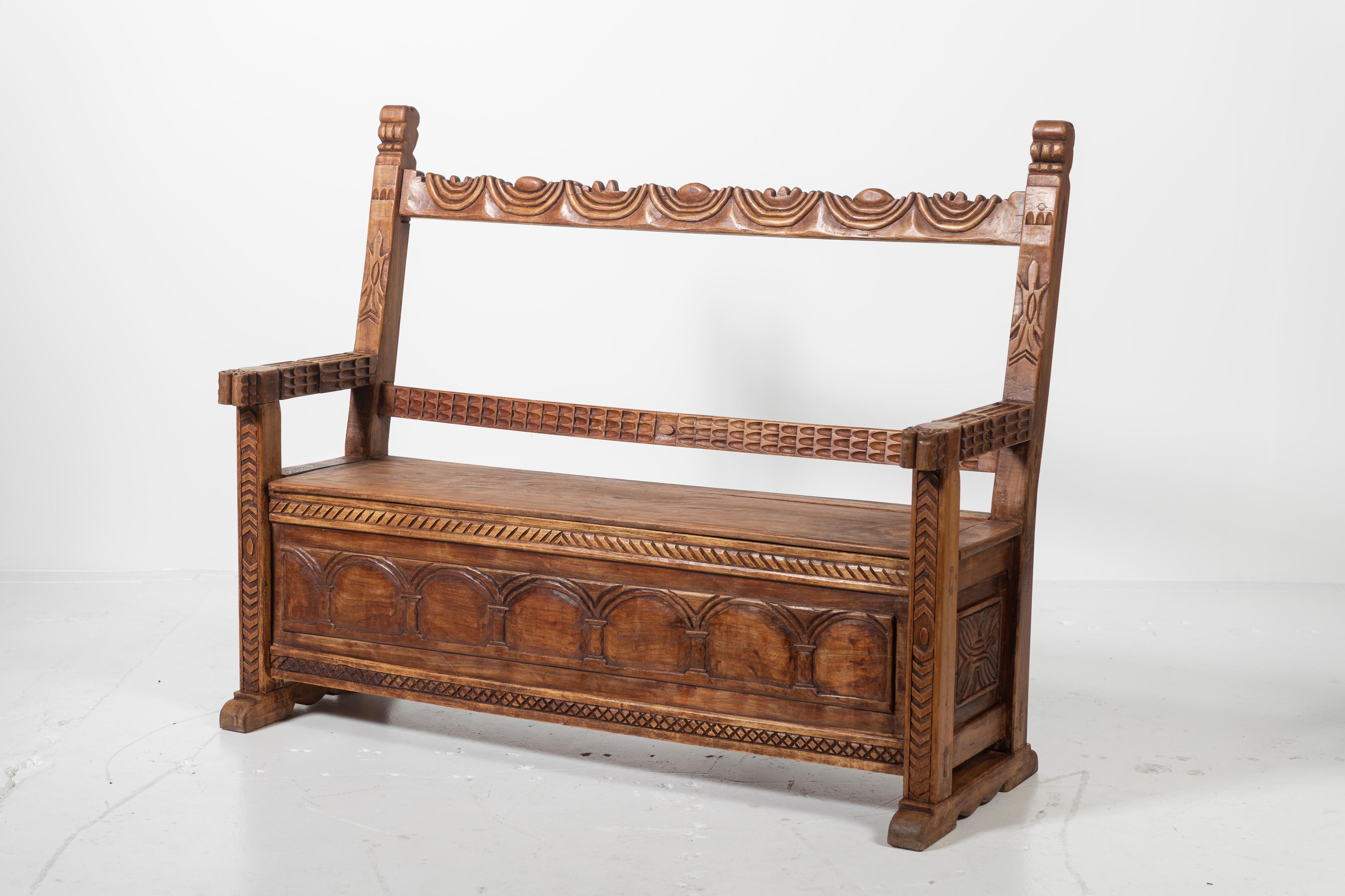 Peruvian Carved Mahogany Bench with Storage For Sale 7