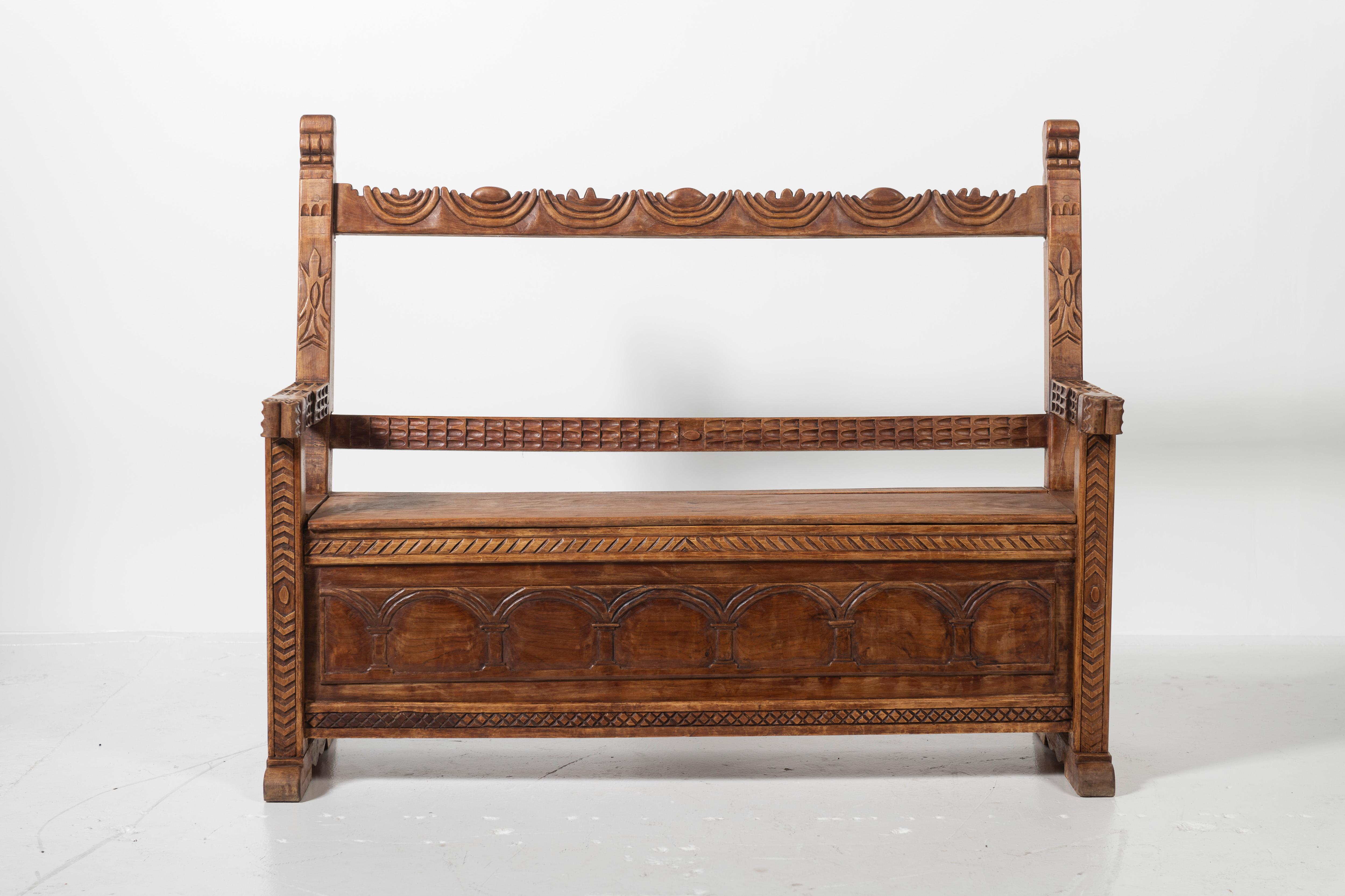 Peruvian Carved Mahogany Bench with Storage For Sale 8