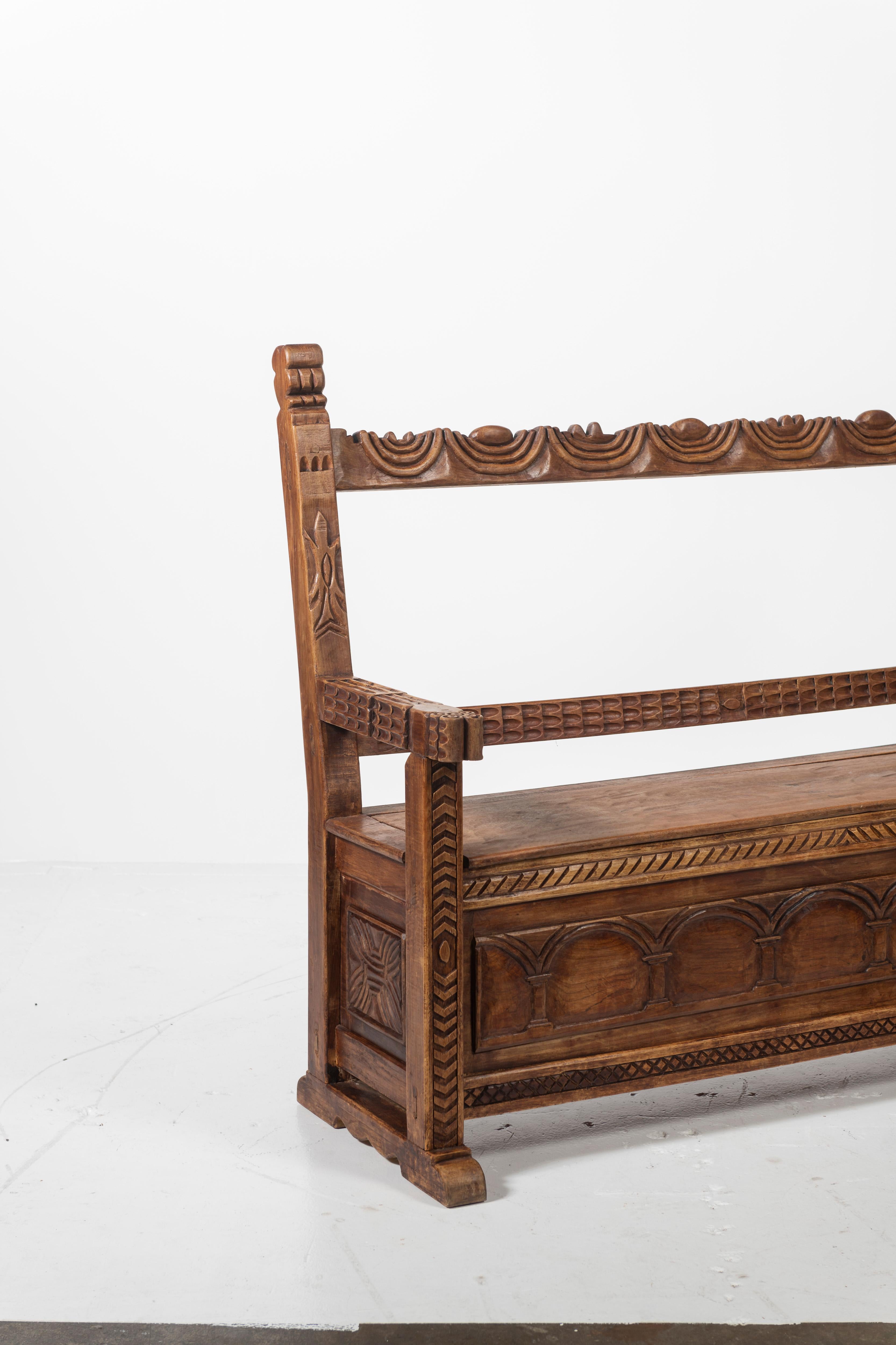 Peruvian Carved Mahogany Bench with Storage For Sale 6