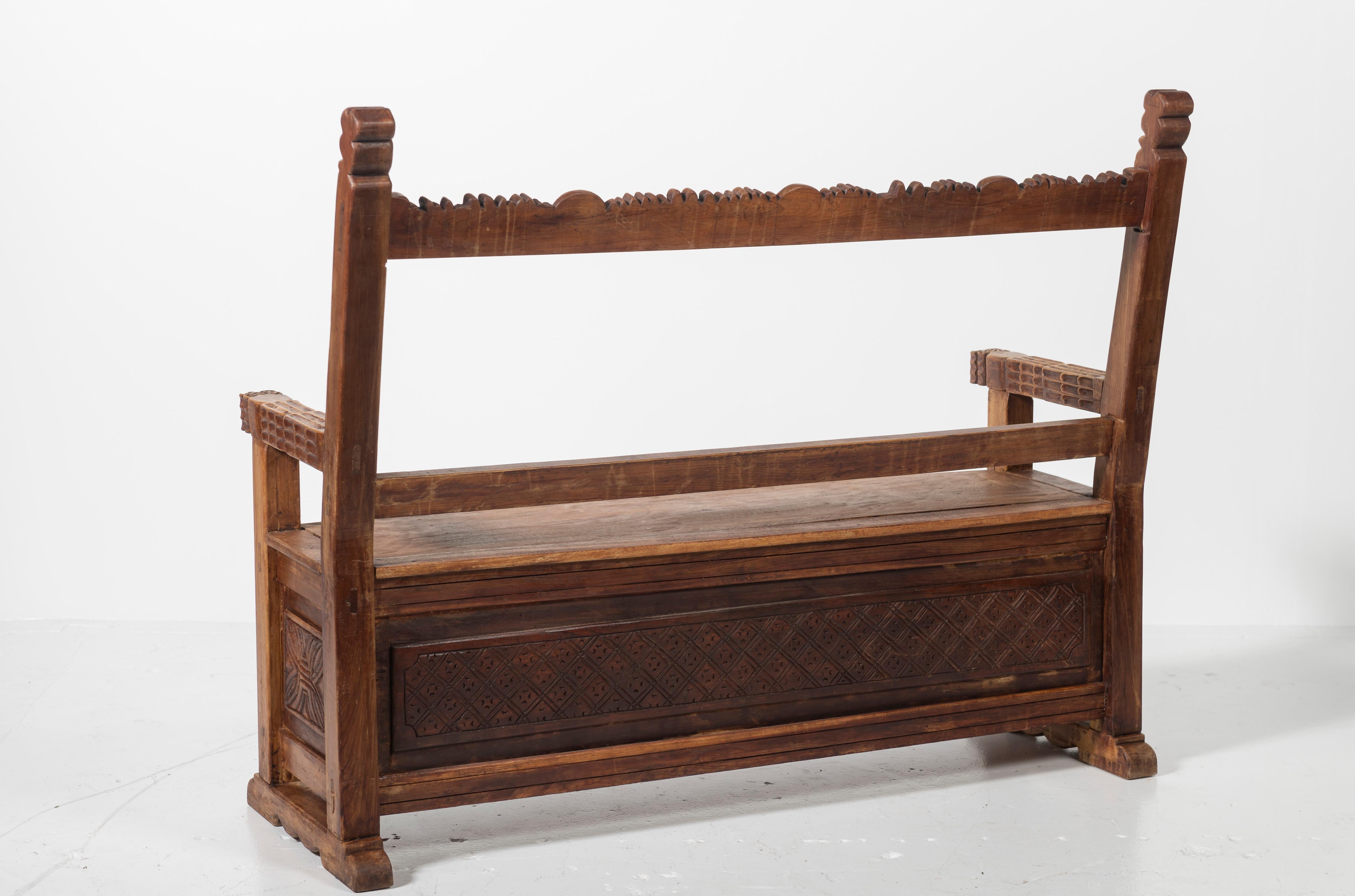 Spanish Colonial Peruvian Carved Mahogany Bench with Storage For Sale