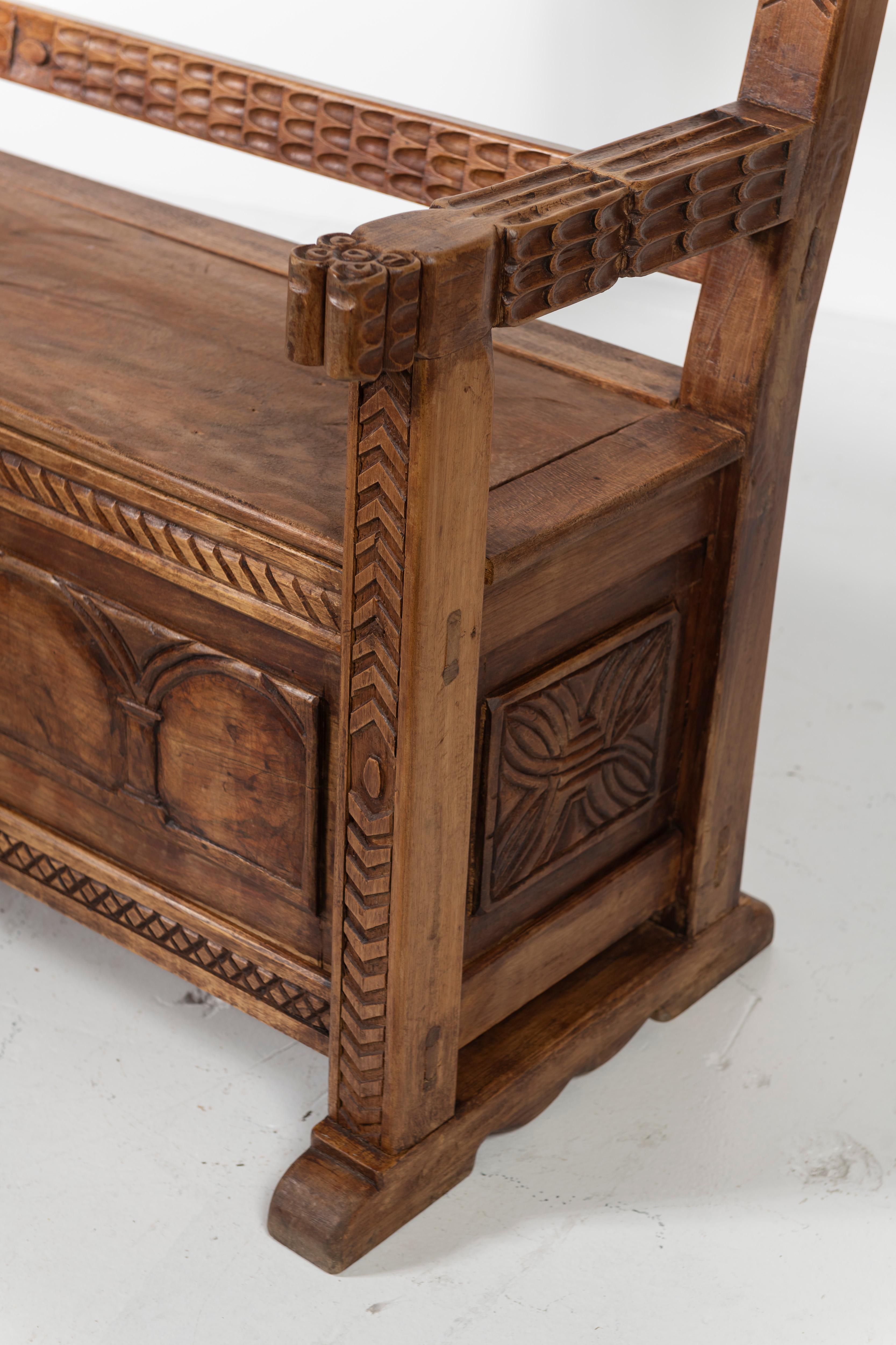 19th Century Peruvian Carved Mahogany Bench with Storage For Sale