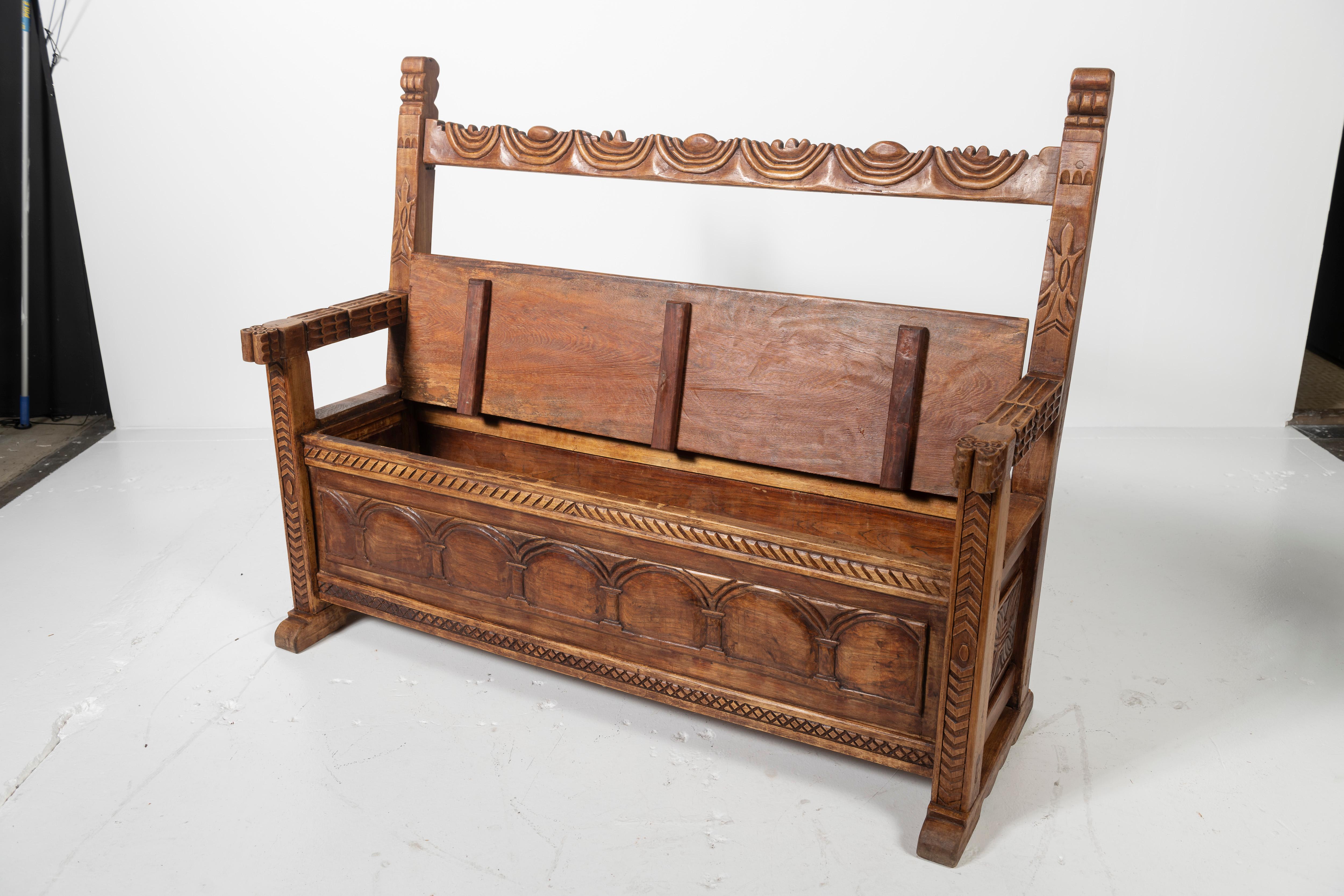 Peruvian Carved Mahogany Bench with Storage For Sale 4