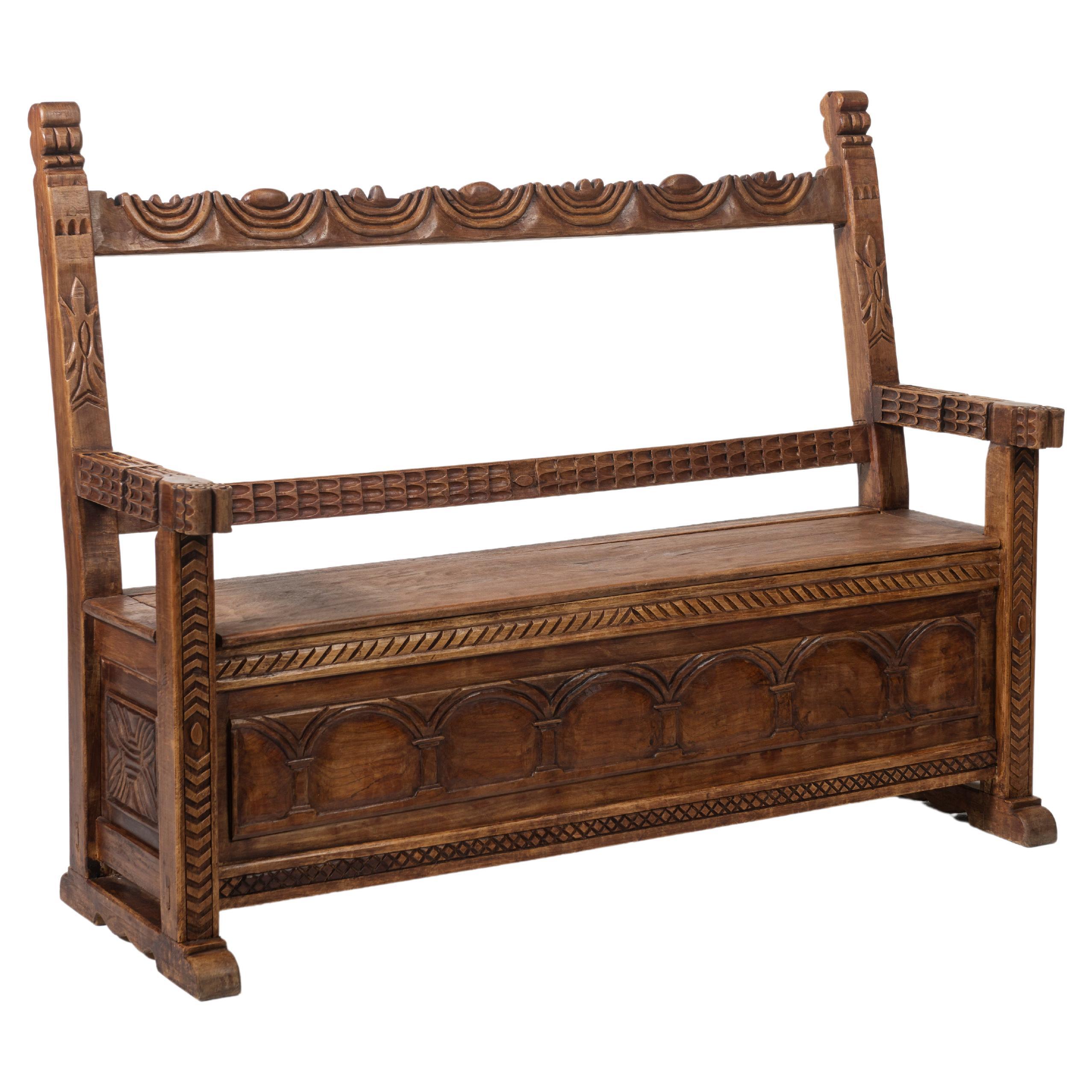 Peruvian Carved Mahogany Bench with Storage For Sale