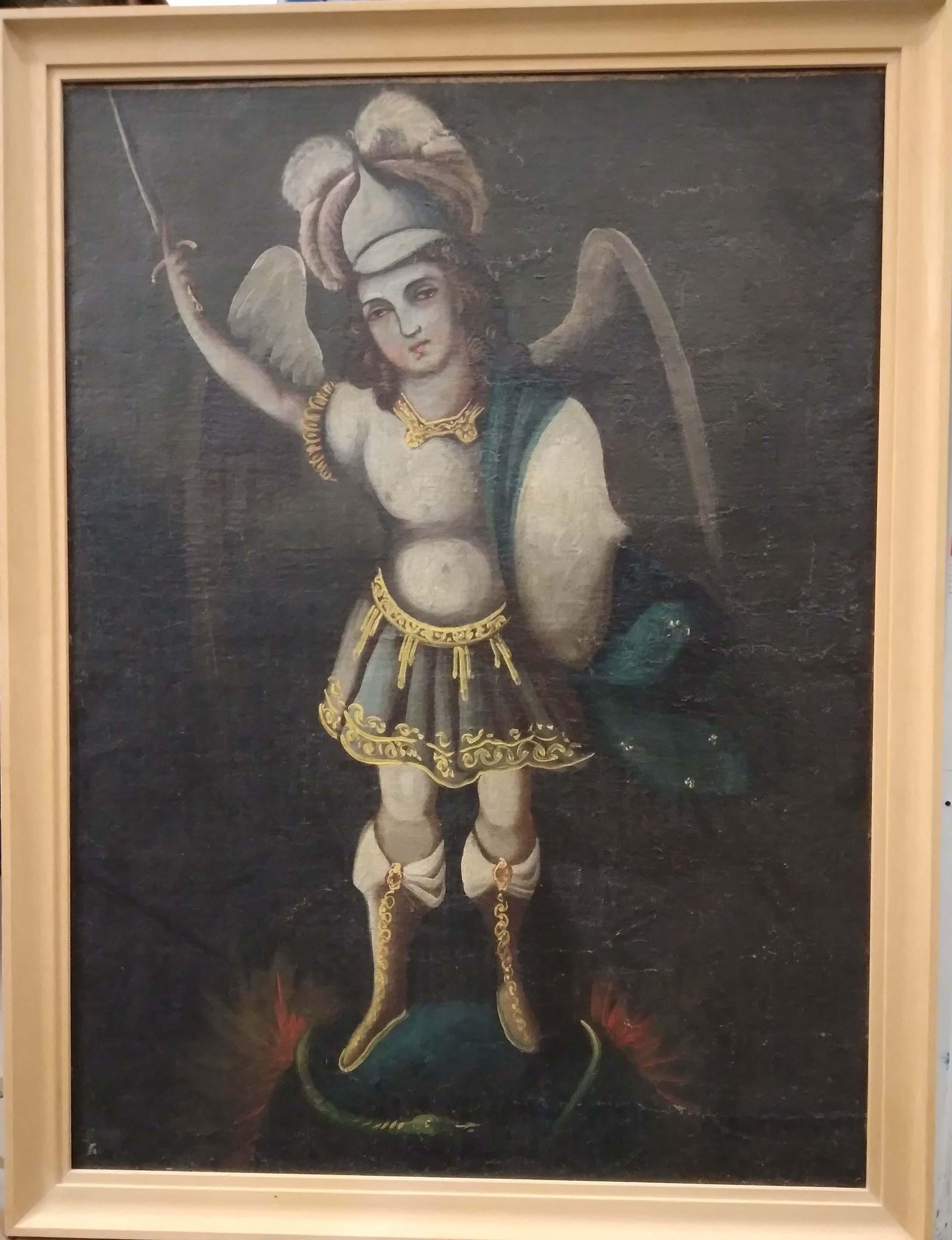A fine 19th century full length portrait of St Michael standing with his sword raised.
South American Cuzco school 19th century and earlier.
Unsigned
Oil on canvas, 56 by 78cms. Framed overall size 66 x 84 approx.
Condition Canvas relined some