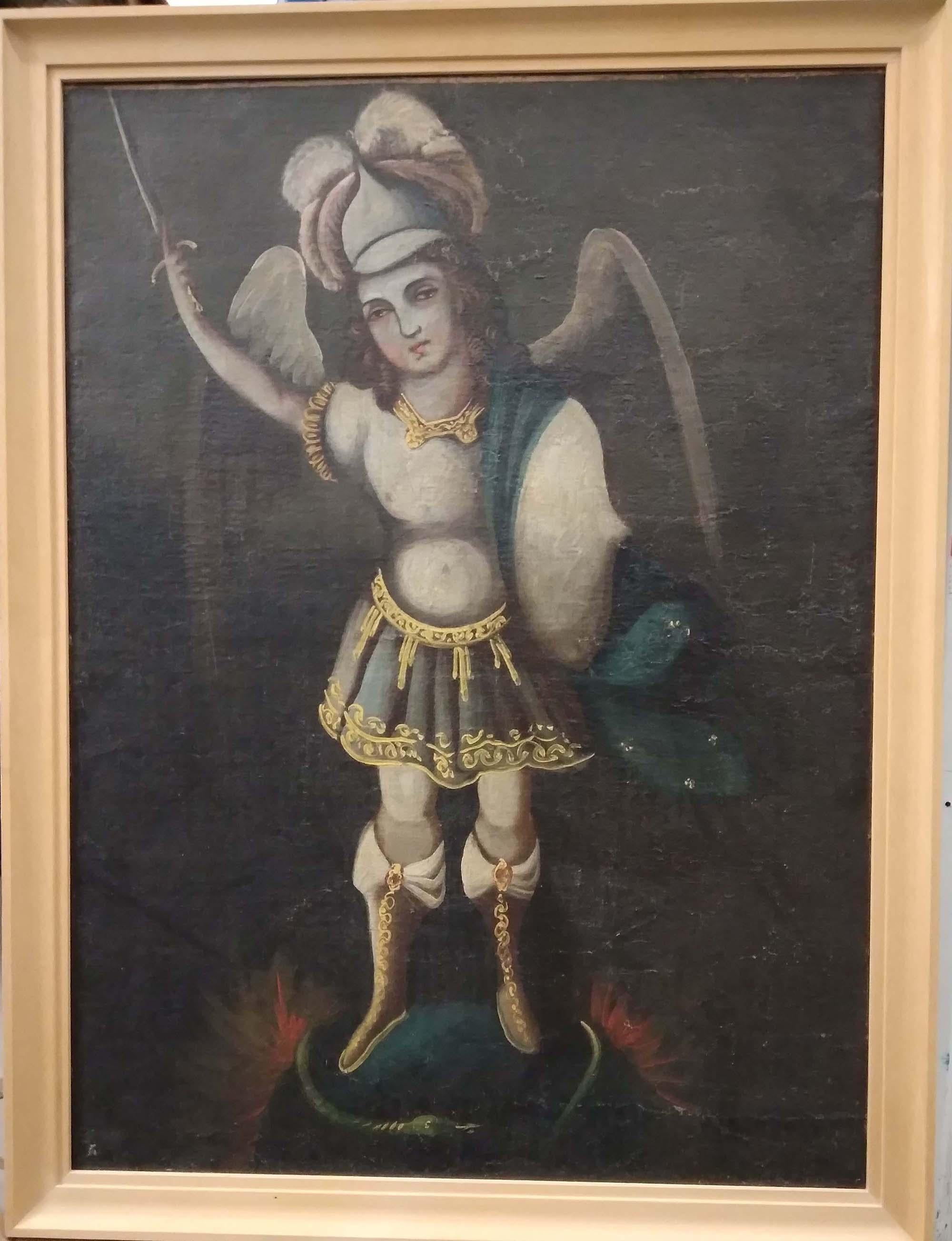 A fine 19th century full length portrait of St Michael standing with his sword raised.
South American Cuzco school 19th century and earlier.
Unsigned
Oil on canvas, 56 by 78cms. Framed overall size 66 x 84 approx.
Condition Old Canvas relined on