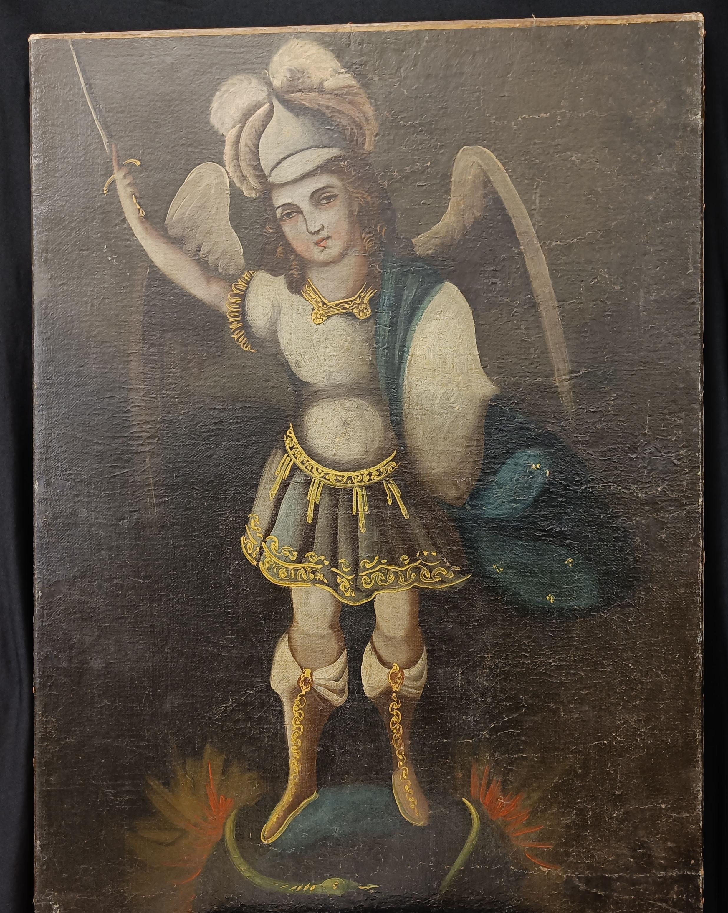 Un bel ritratto a figura intera del XIX secolo di San Michele in piedi con la spada alzata.
Scuola sudamericana di Cuzco del XIX secolo e precedenti.
Senza segno
Olio su tela, 56 x 78 cm. Dimensioni complessive della cornice 66 x 84 circa.
Condit La