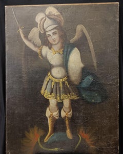 Pittura coloniale peruviana Cuzco San Michele Olio su tela XIX sec.