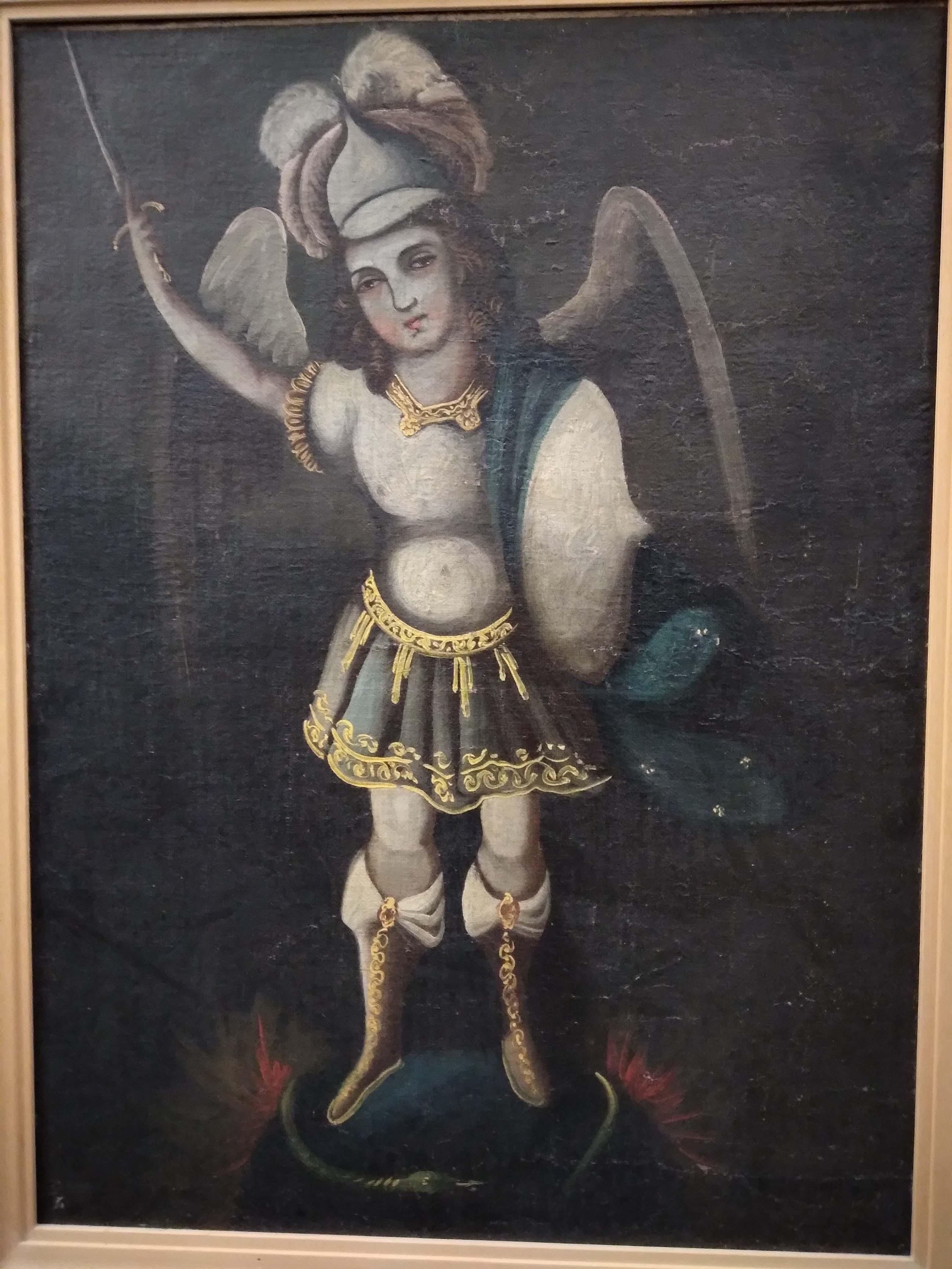 Hand-Crafted Peruvian Cuzco Colonial Painting St Michael Oil on Canvas 19th C For Sale