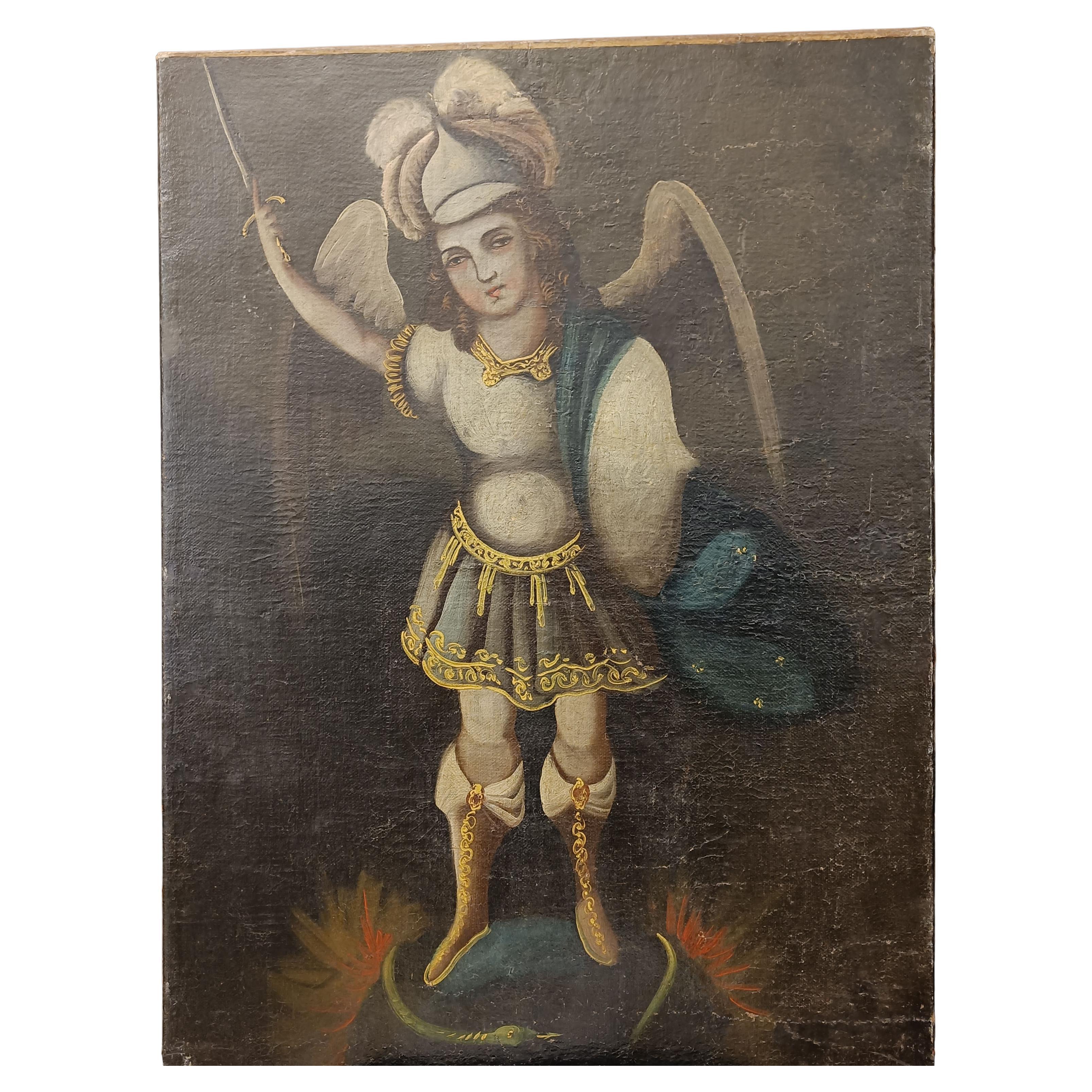 Pittura coloniale peruviana Cuzco San Michele Olio su tela XIX sec. in vendita