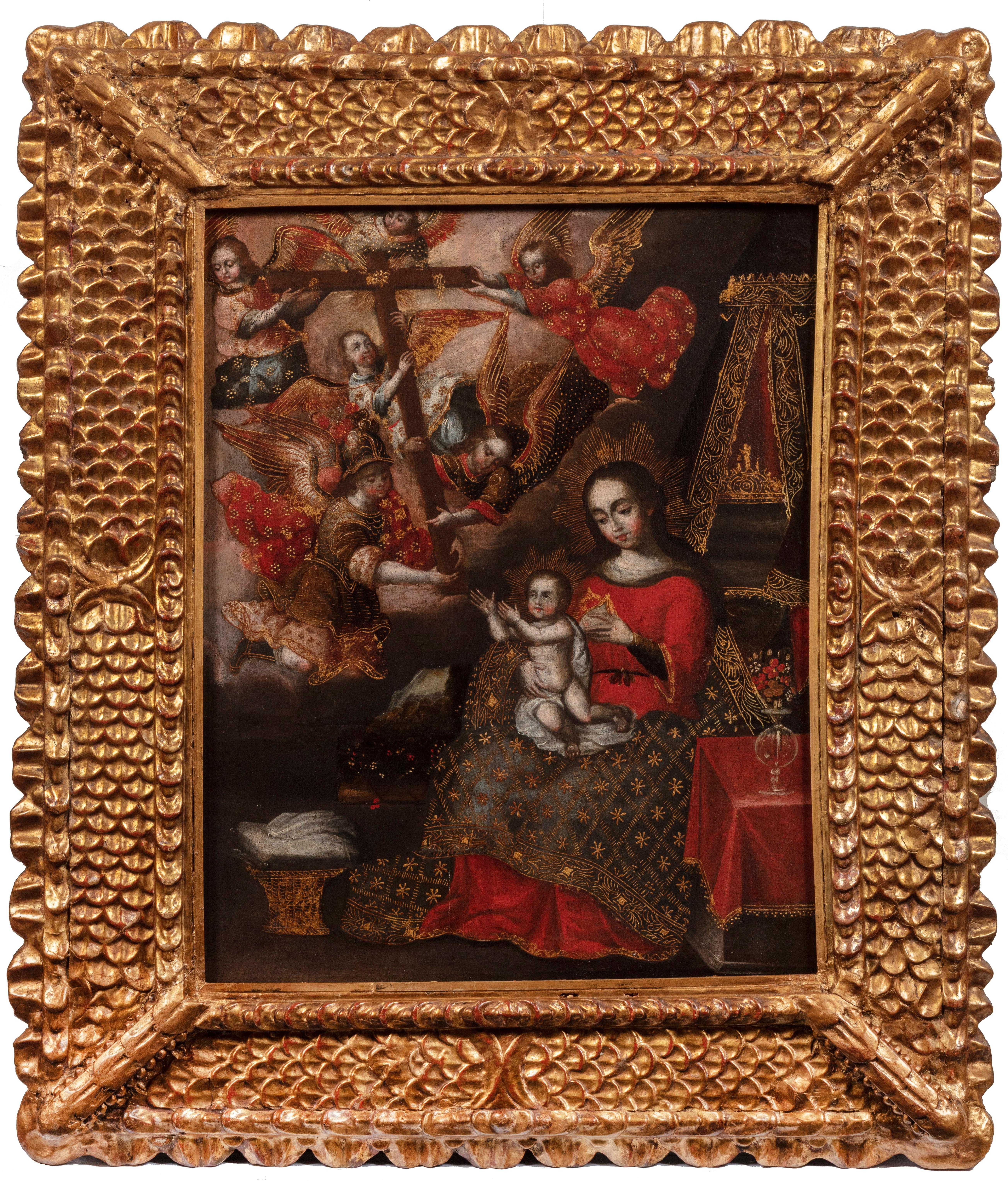 Peruvian, Cuzco School, 18th Century Figurative Painting - Virgin and Child with Angels Carrying the Cross (Vision of the Cross)
