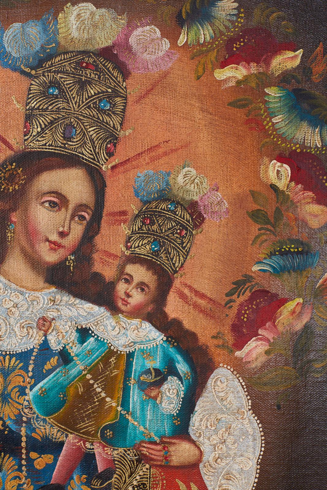 Peruvian Cuzco School Colonial Style Madonna Child Painting 1