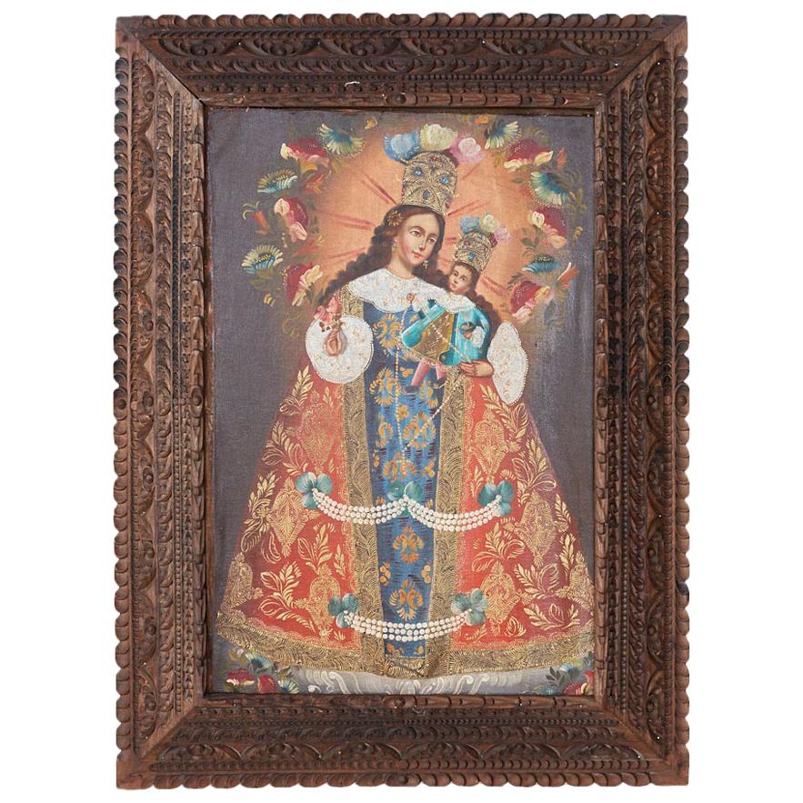 Peruvian Cuzco School Colonial Style Madonna Child Painting