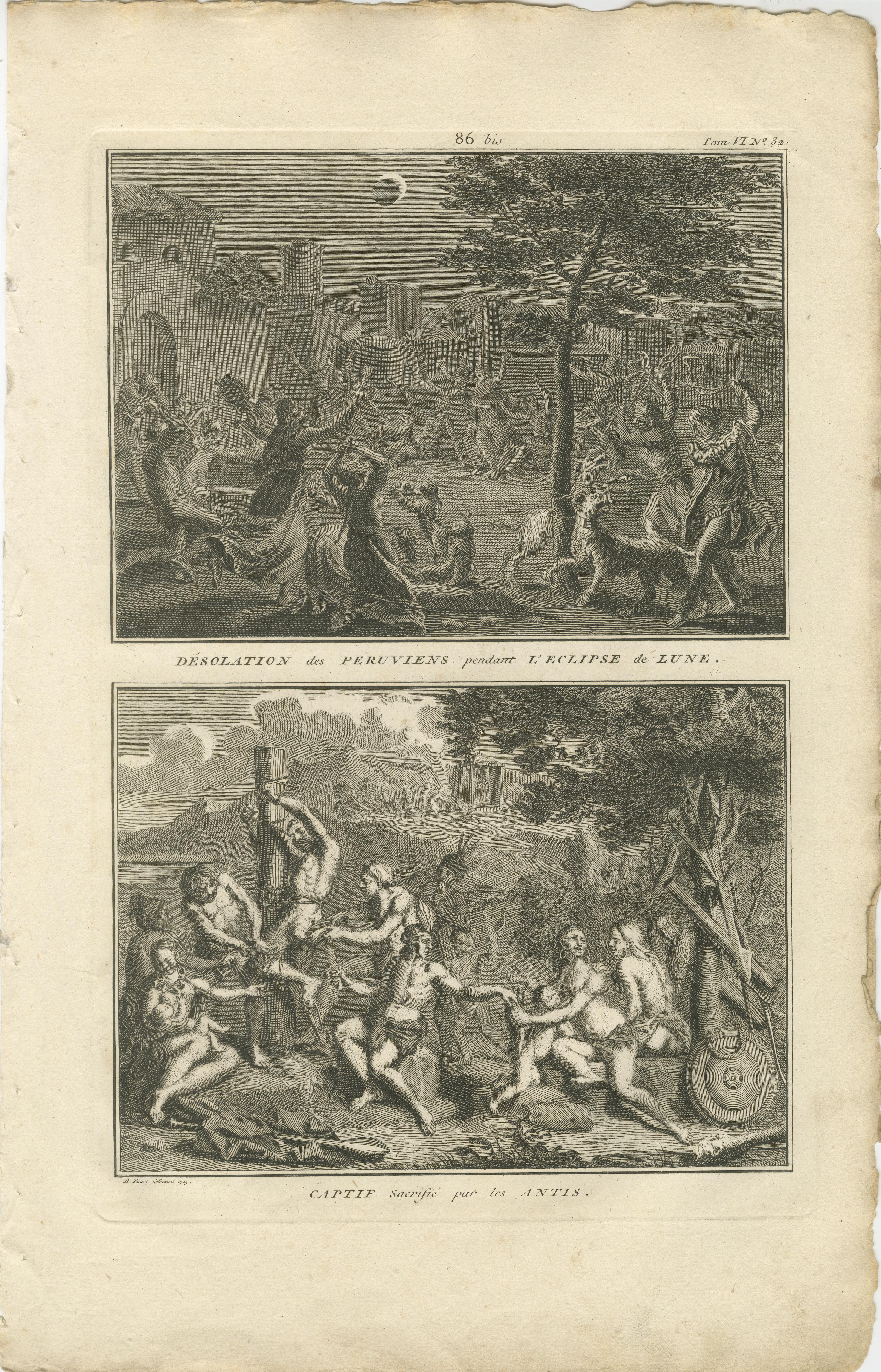 La panique de l'Eclipse péruvienne et le sacrifice rituel des Antis - Rare estampe ethnographique de 1734 en vente 4