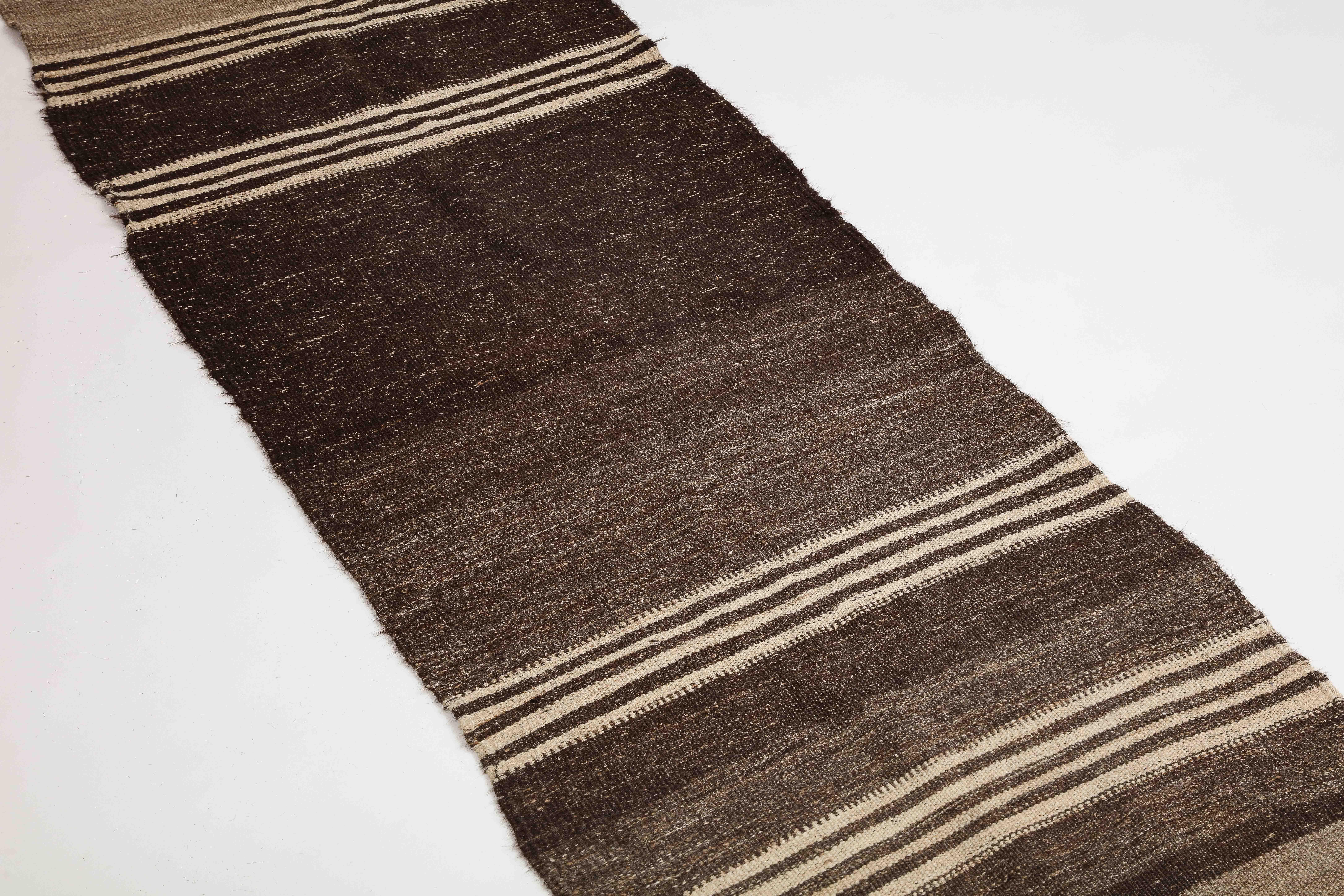 Contemporary Peruvian Hand-Knotted Brown Striped Wool Runner For Sale